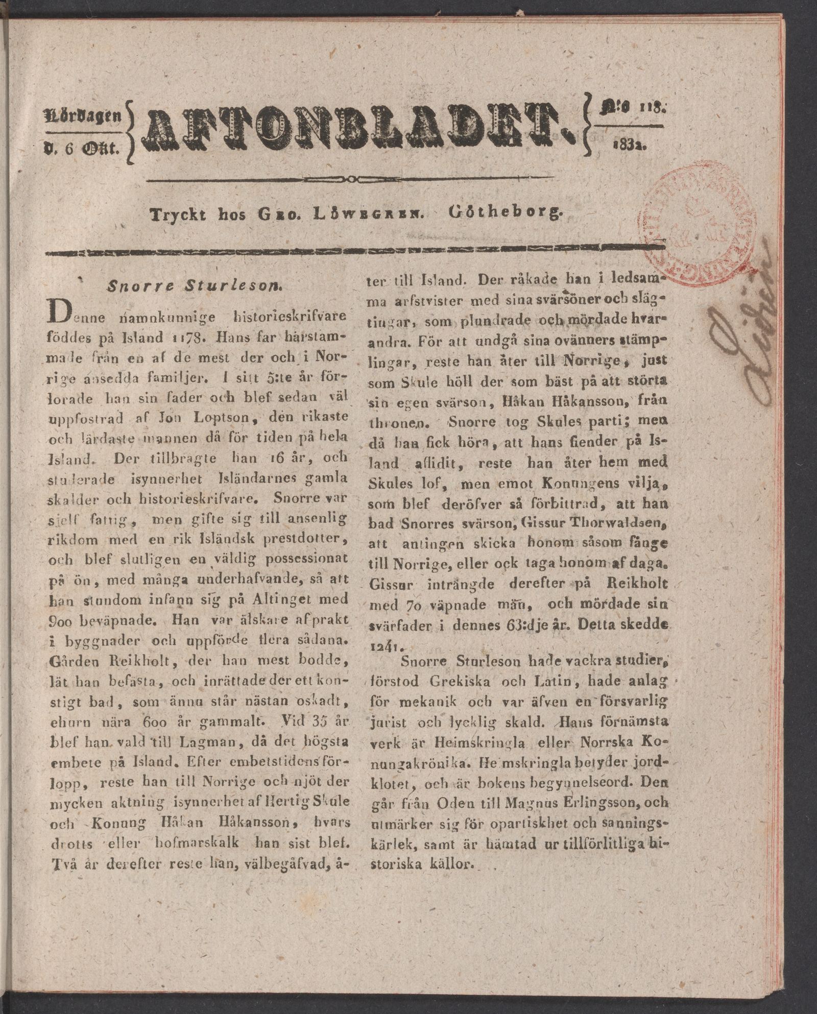 Tidningssida ur AFTONBLADET, 1832-10-06
