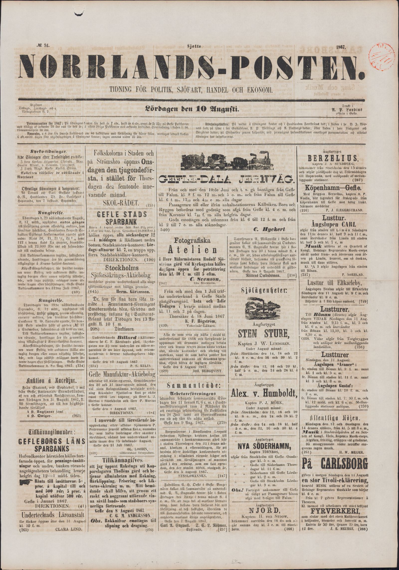 Tidningssida ur NORRLANDSPOSTEN, 1867-08-10