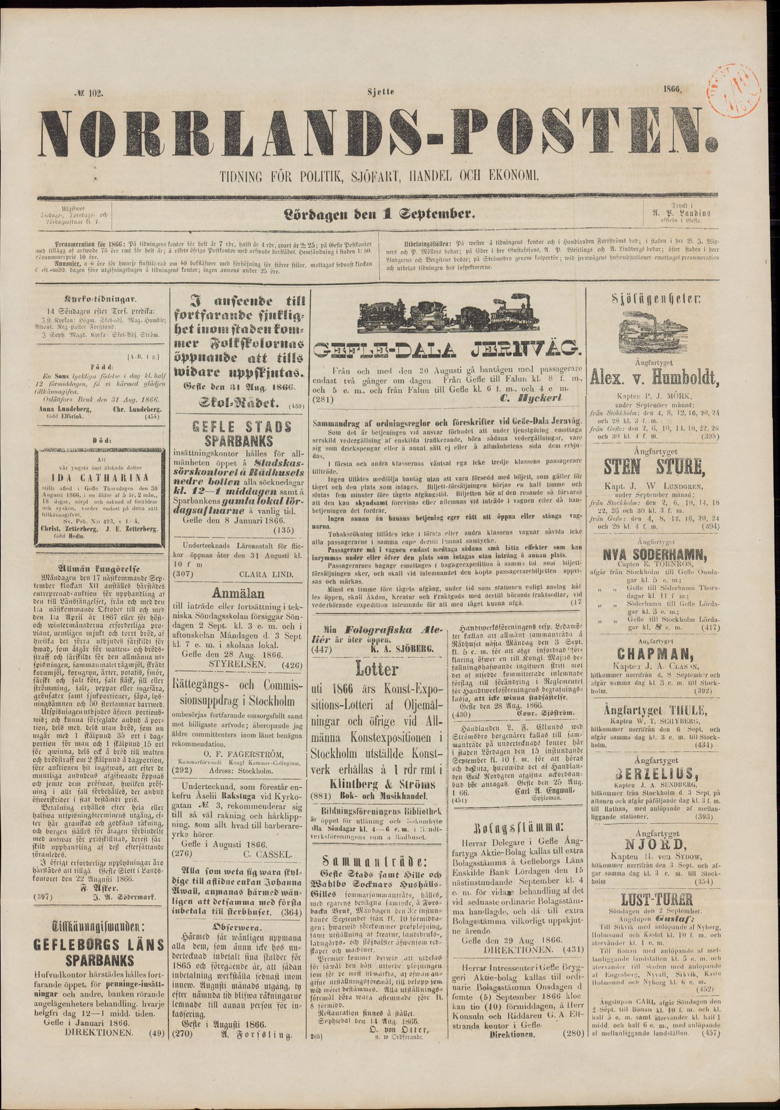 Tidningssida ur NORRLANDSPOSTEN, 1866-09-01