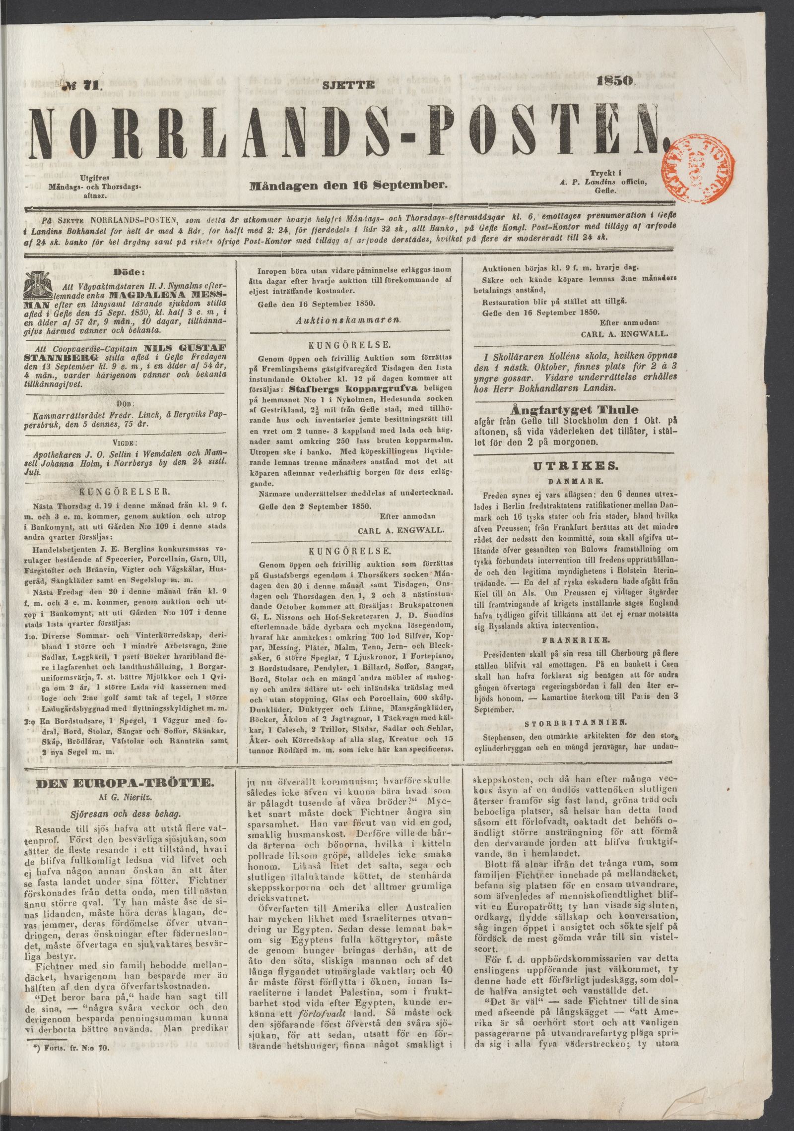Tidningssida ur NORRLANDSPOSTEN, 1850-09-16