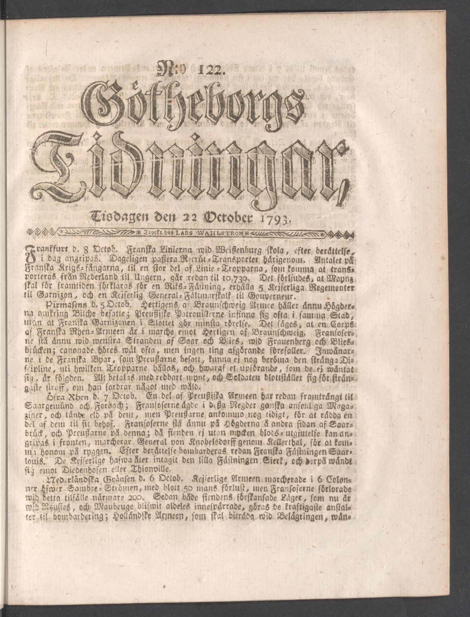 Tidningssida ur GÖTHEBORGS TIDNINGAR, 1793-10-22