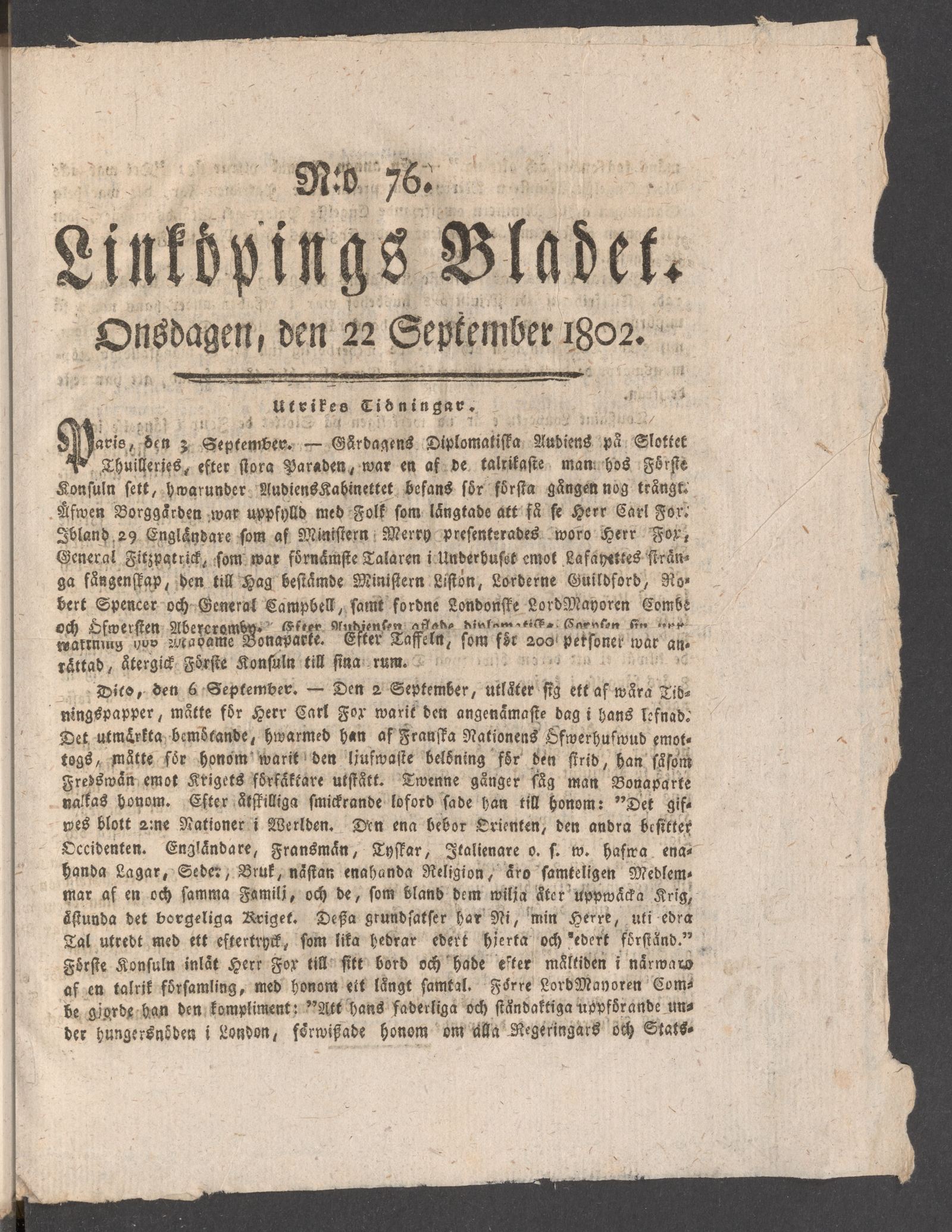 Tidningssida ur LINKÖPINGSBLADET, 1802-09-22
