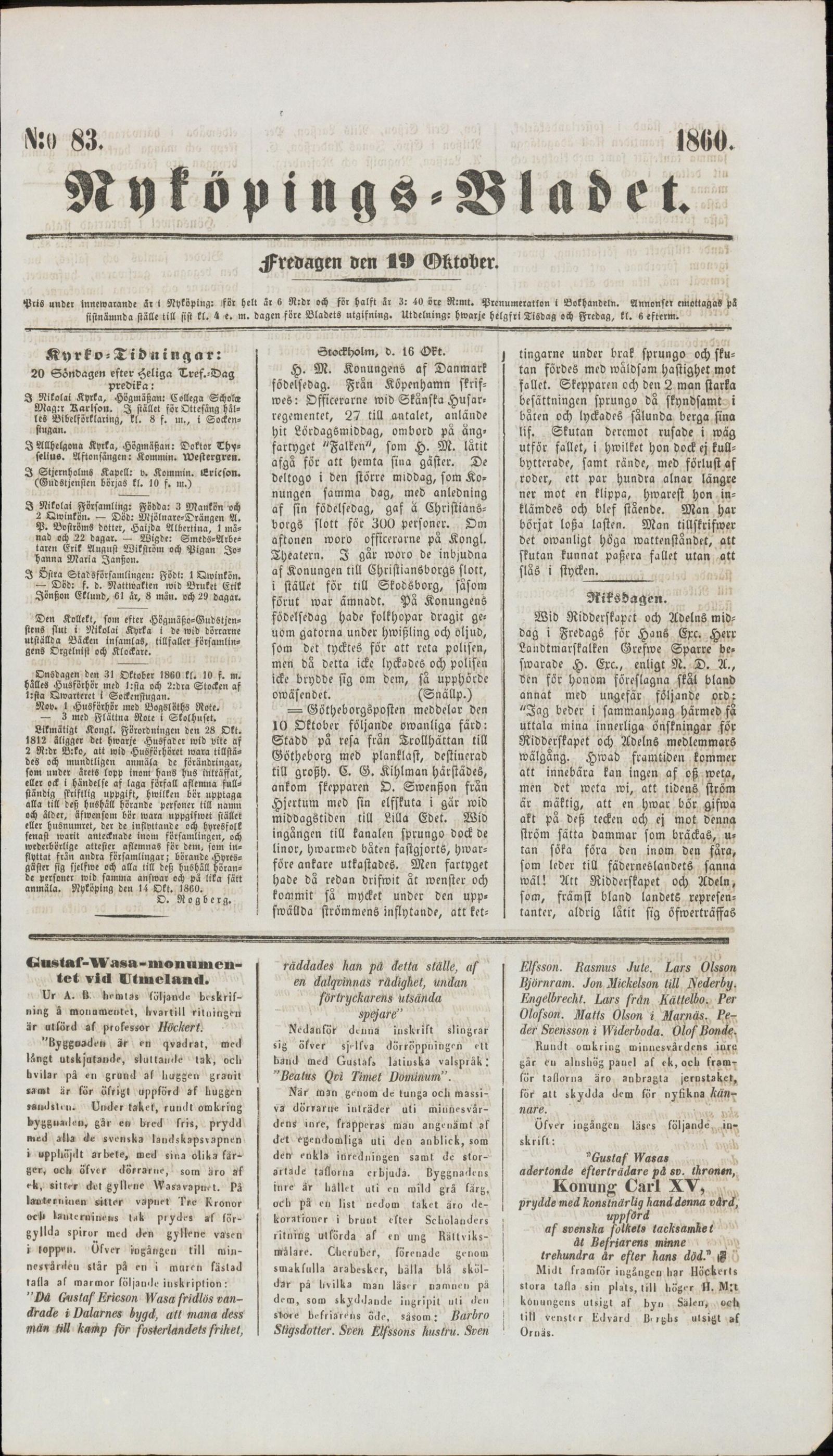Tidningssida ur Nyköpingsbladet, 1860-10-19
