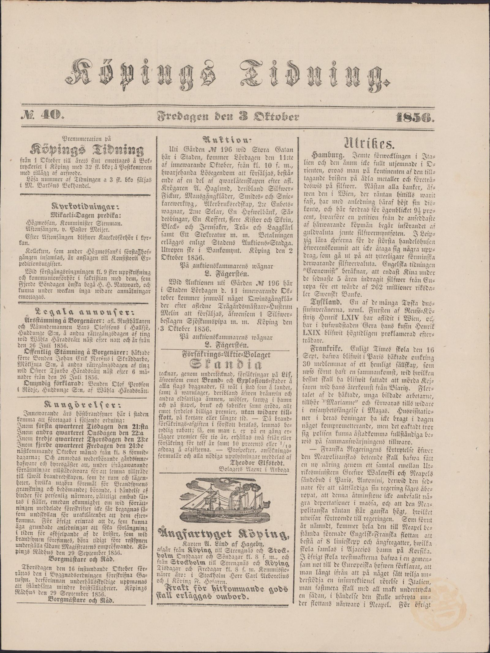 Tidningssida ur KÖPINGS TIDNING, 1856-10-03