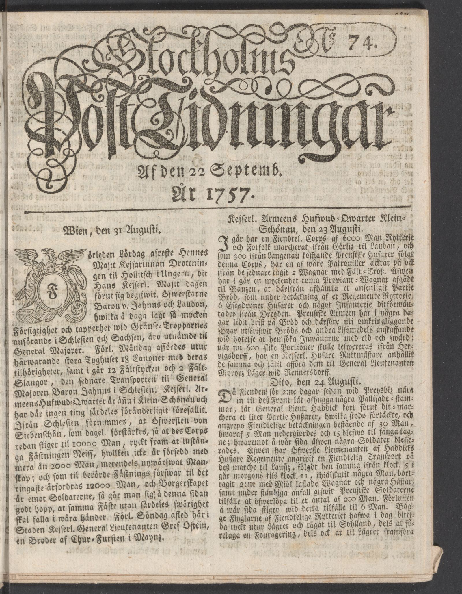 Tidningssida ur POSTTIDNINGAR, 1757-09-22