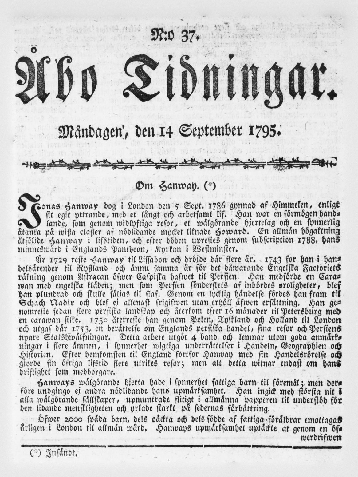 Tidningssida ur ÅBO TIDNINGAR, 1795-09-14