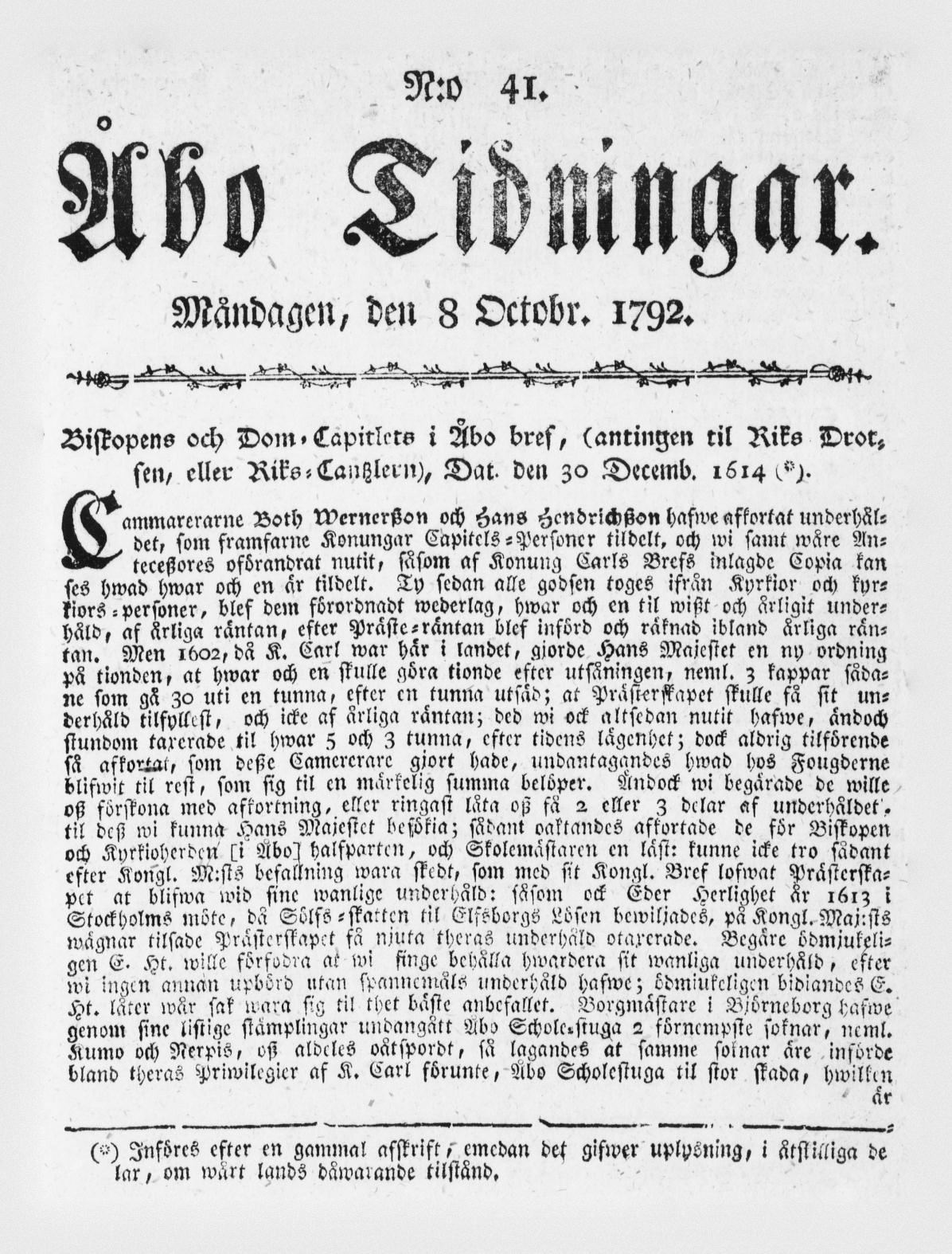 Tidningssida ur ÅBO TIDNINGAR, 1792-10-08