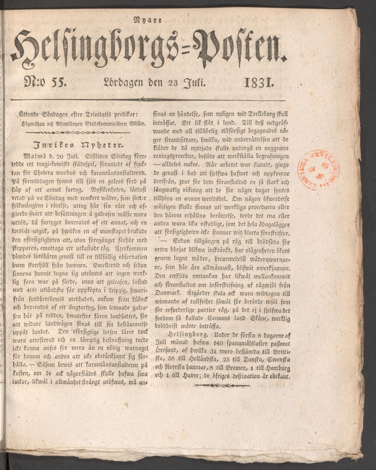 Tidningssida ur HELSINGBORGSPOSTEN, 1831-07-23