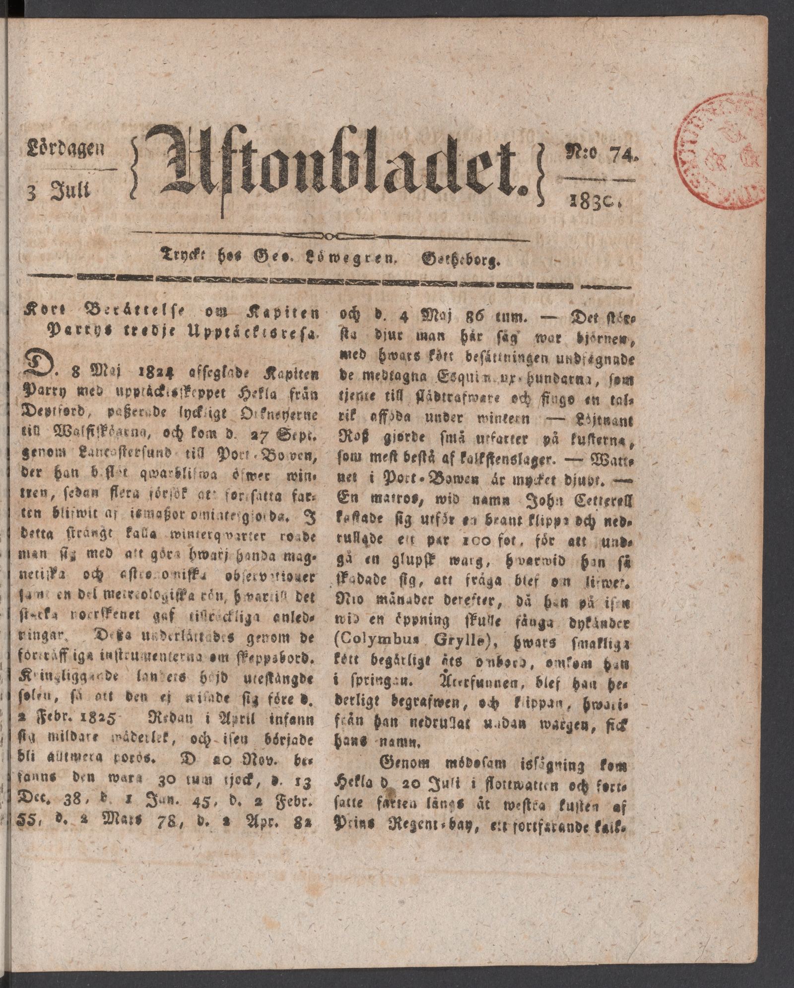Tidningssida ur AFTONBLADET, 1830-07-03