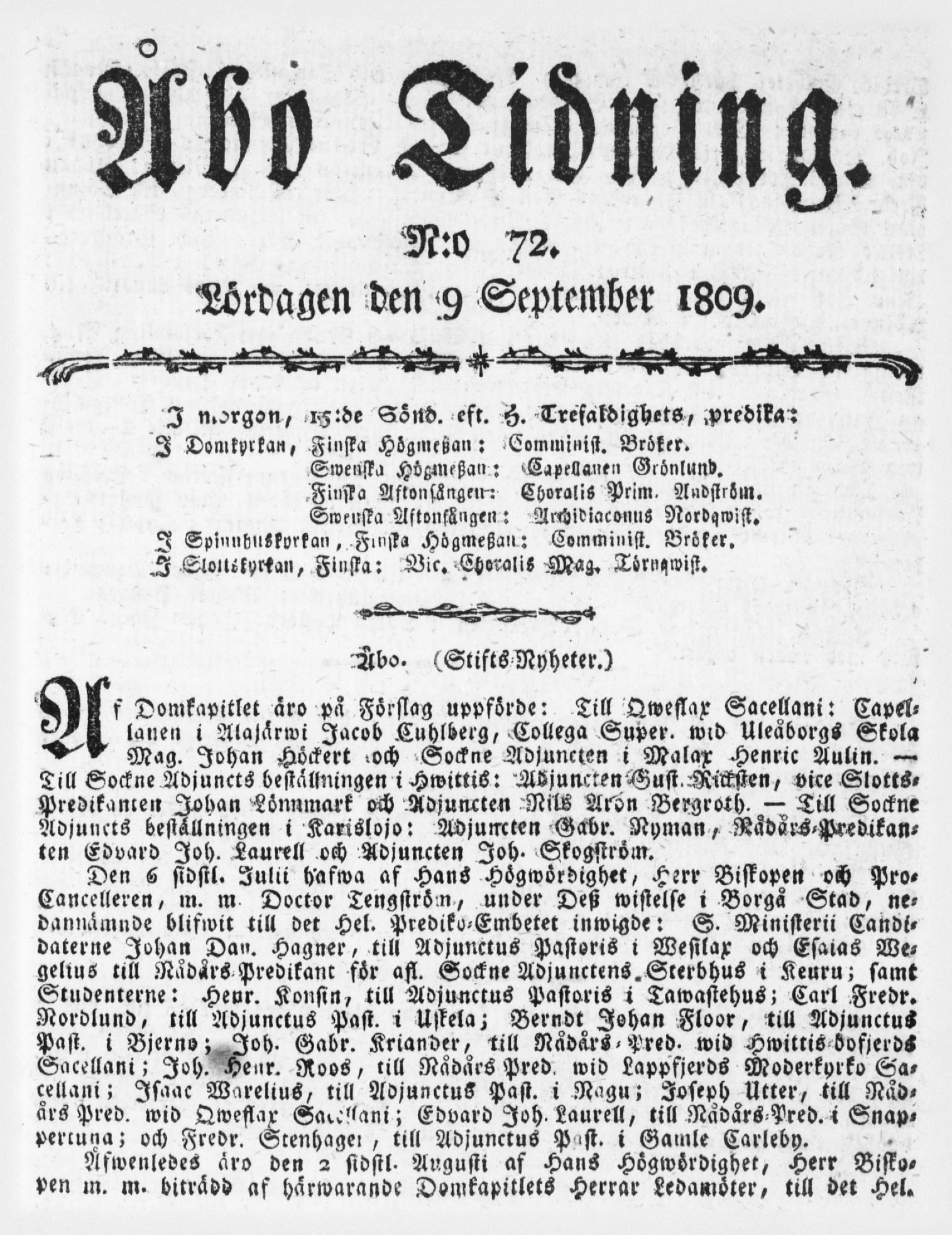 Tidningssida ur ÅBO TIDNING, 1809-09-09