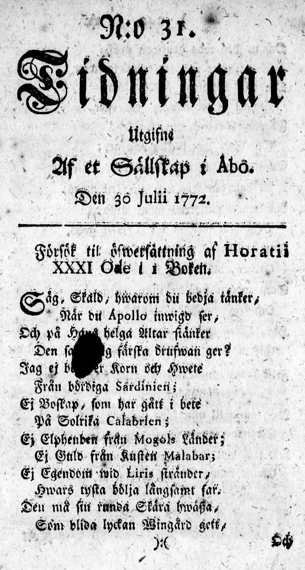 Tidningssida ur TIDNINGAR UTGIFNE AF ET SÄLLSKAP I ÅBO, 1772-07-30