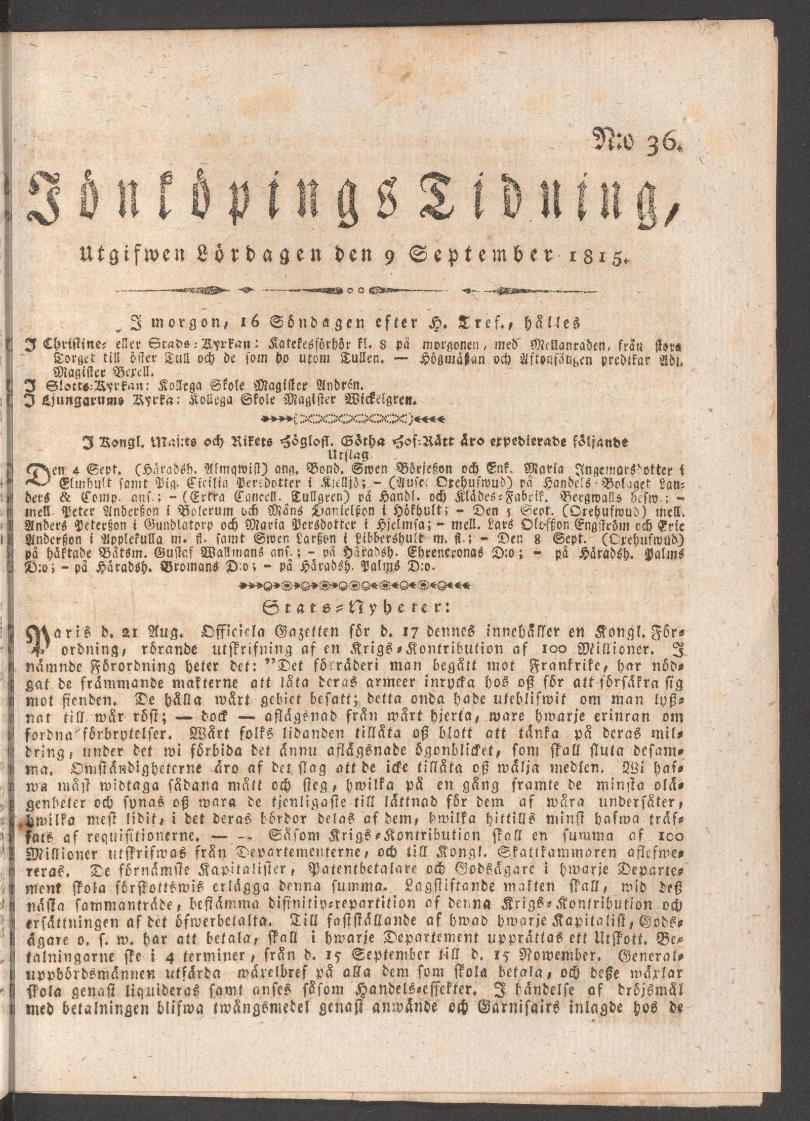 Tidningssida ur JÖNKÖPINGS TIDNING, 1815-09-09