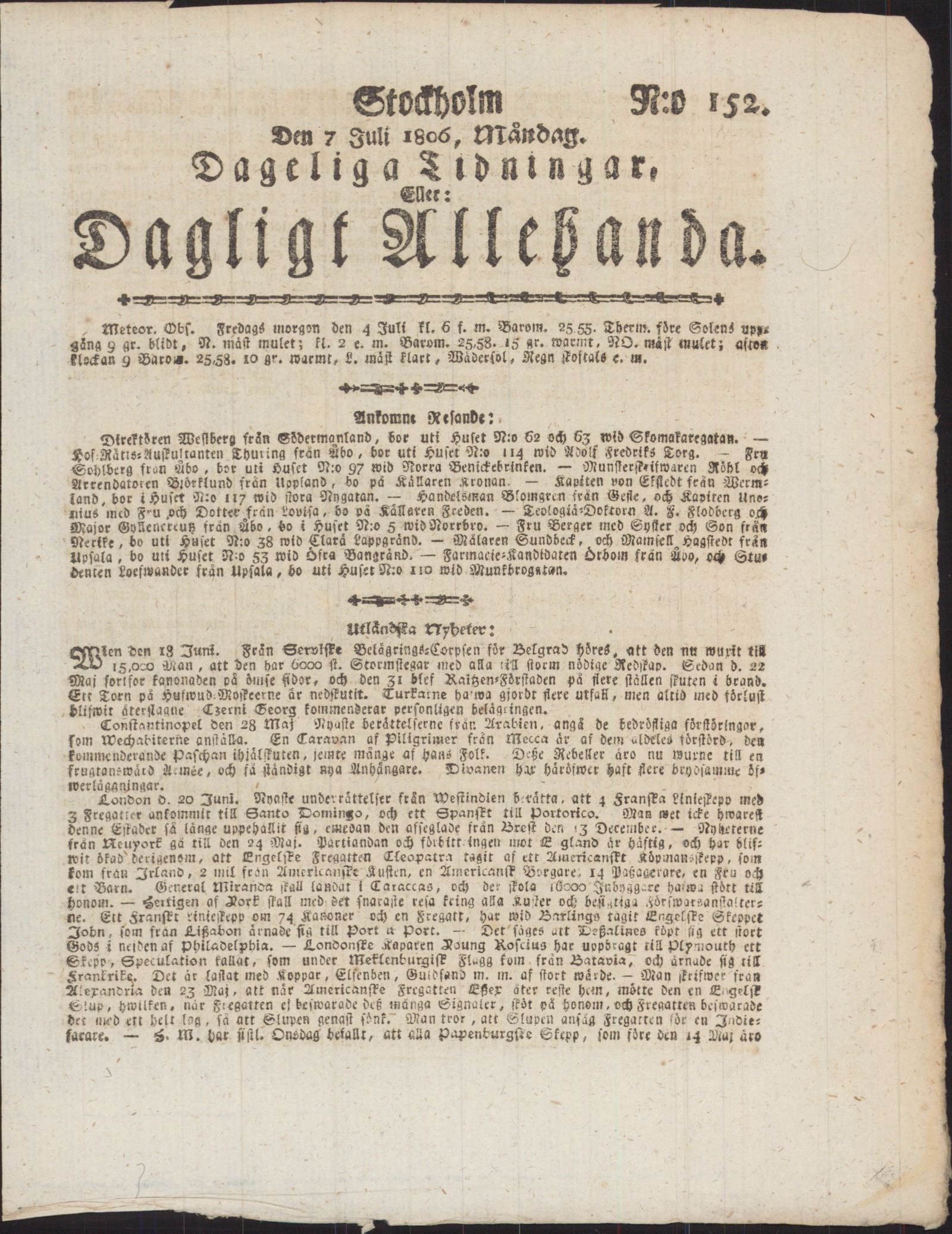 Tidningssida ur DAGLIGT ALLEHANDA, 1806-07-07