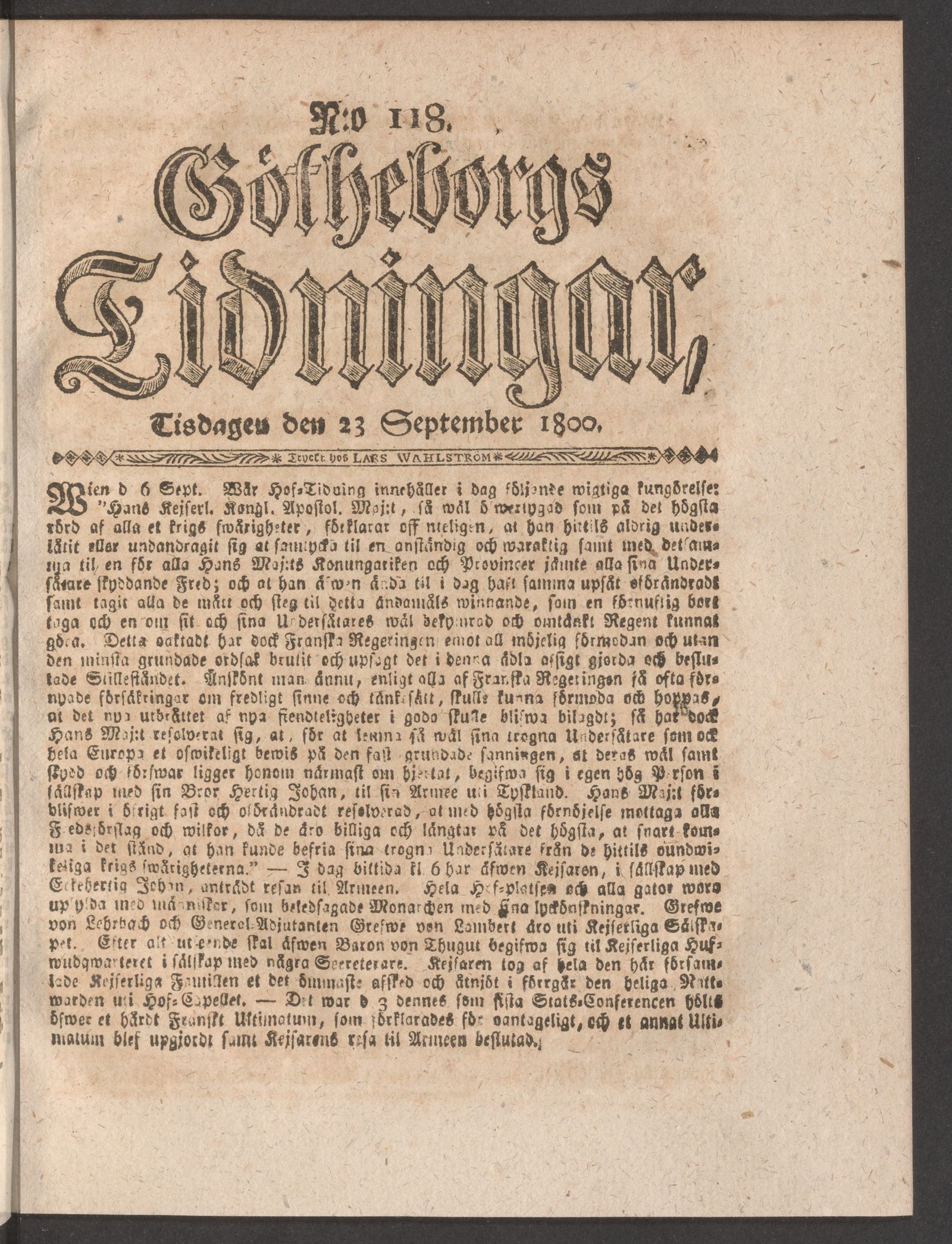 Tidningssida ur GÖTHEBORGS TIDNINGAR, 1800-09-23