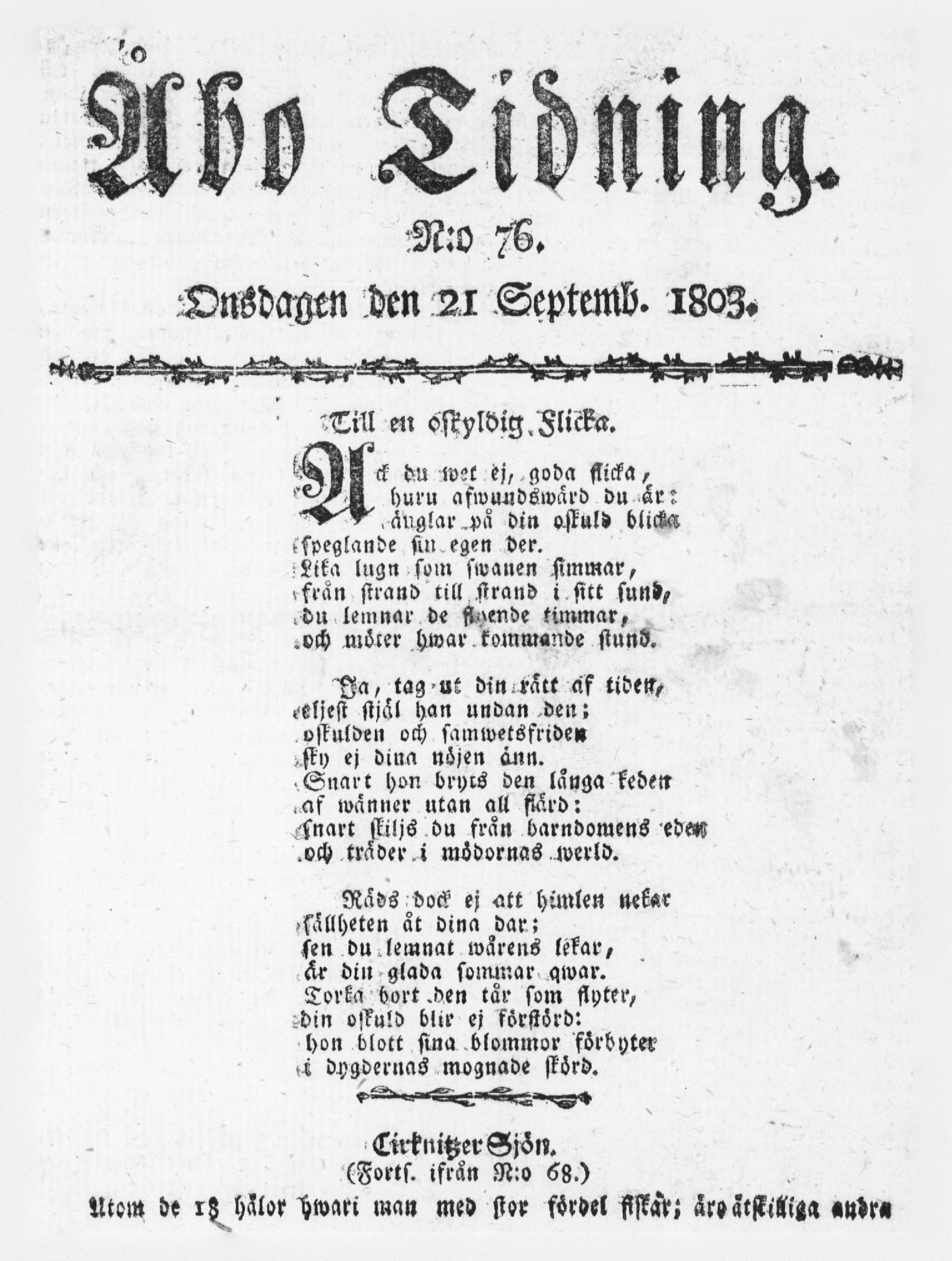 Tidningssida ur ÅBO TIDNING, 1803-09-21