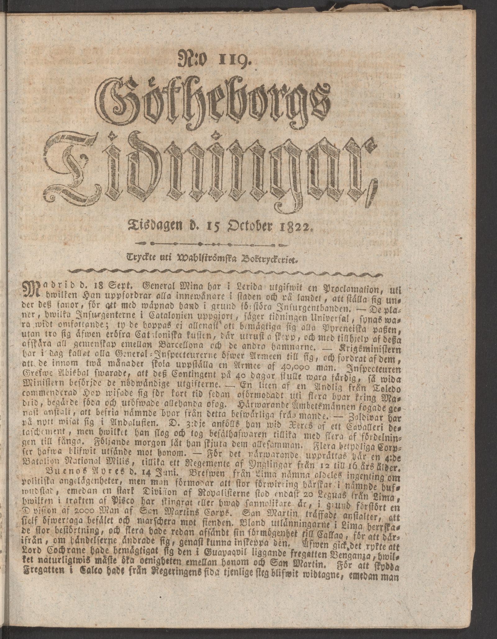 Tidningssida ur GÖTHEBORGS TIDNINGAR, 1822-10-15