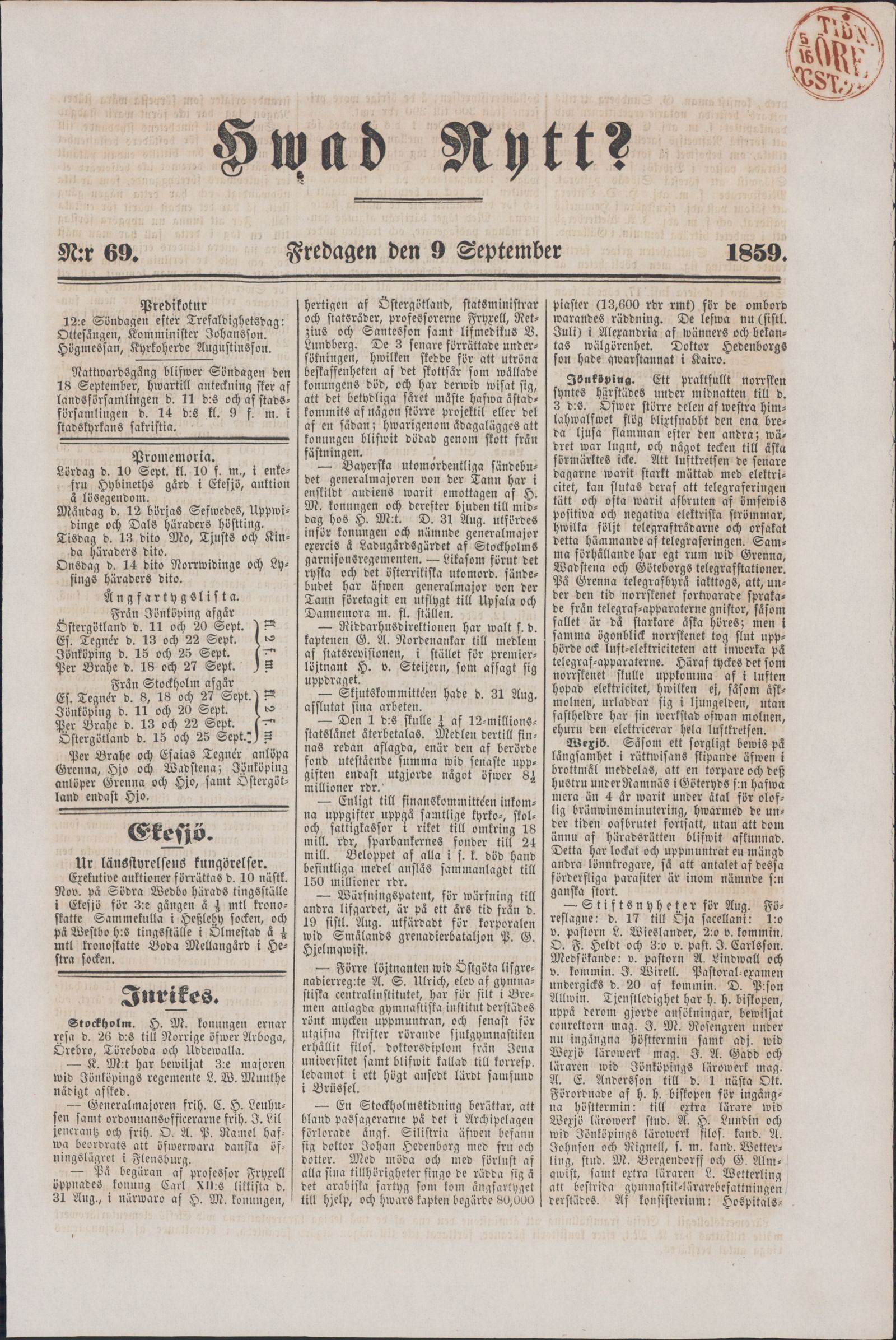 Tidningssida ur HVAD NYTT?, 1859-09-09