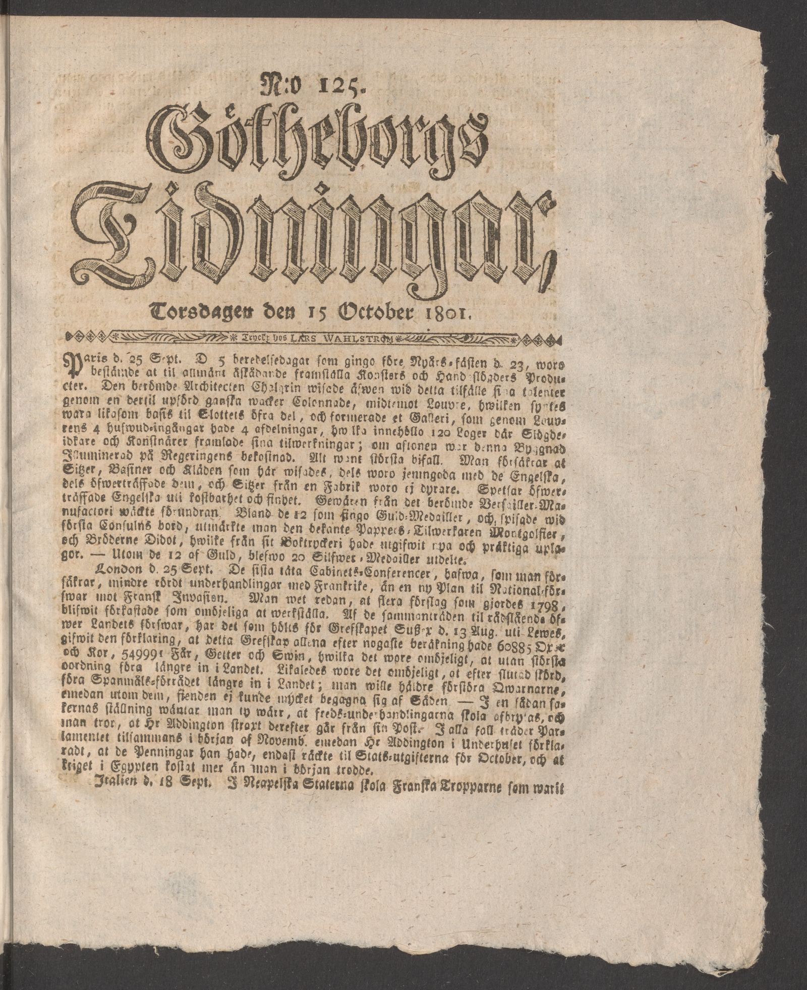 Tidningssida ur GÖTHEBORGS TIDNINGAR, 1801-10-15