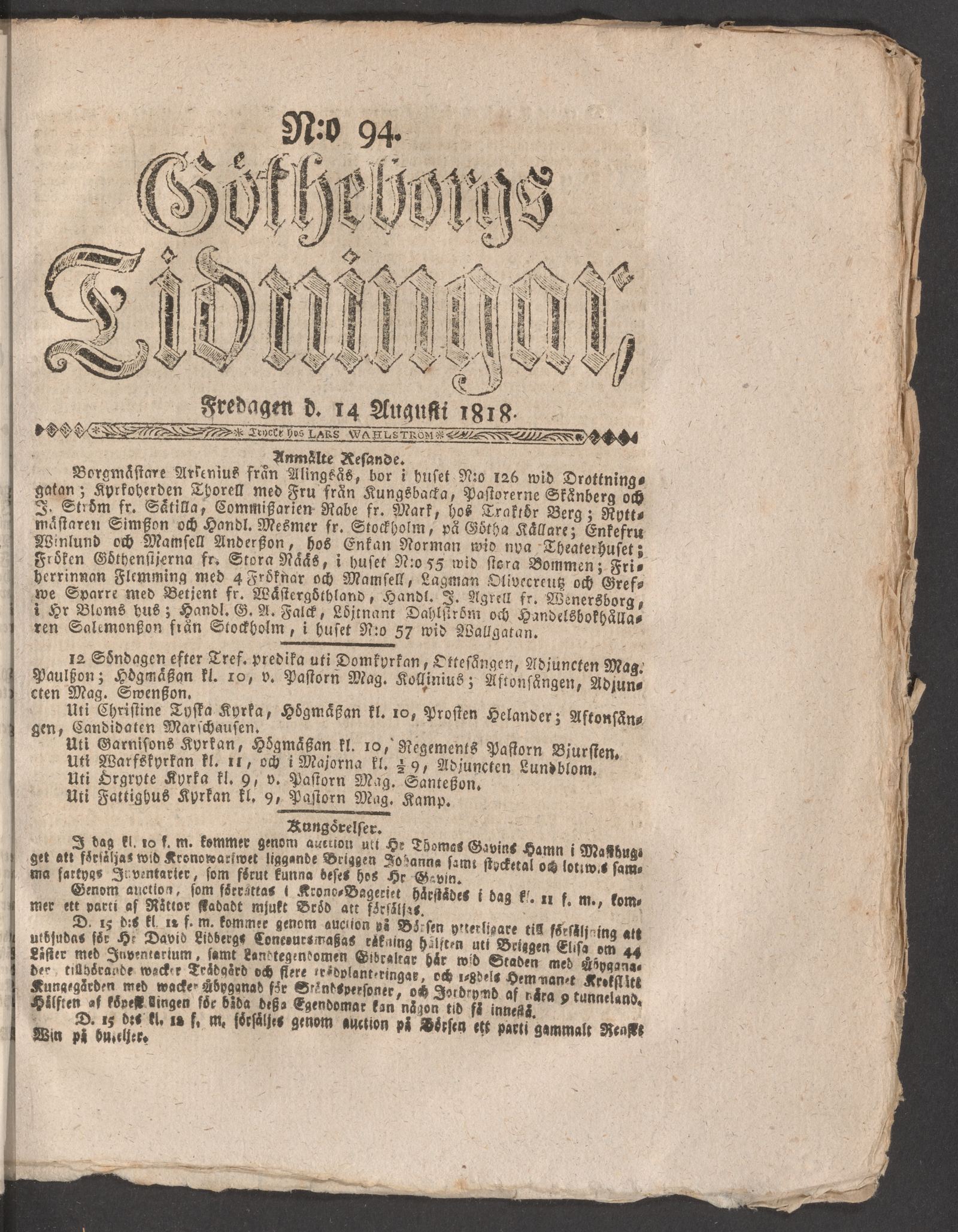 Tidningssida ur GÖTHEBORGS TIDNINGAR, 1818-08-14