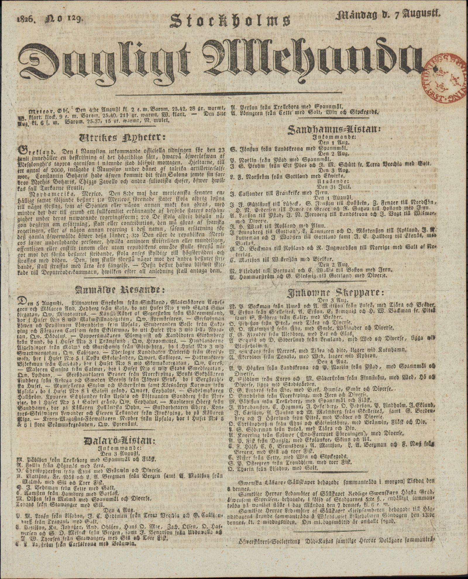 Tidningssida ur DAGLIGT ALLEHANDA, 1826-08-07
