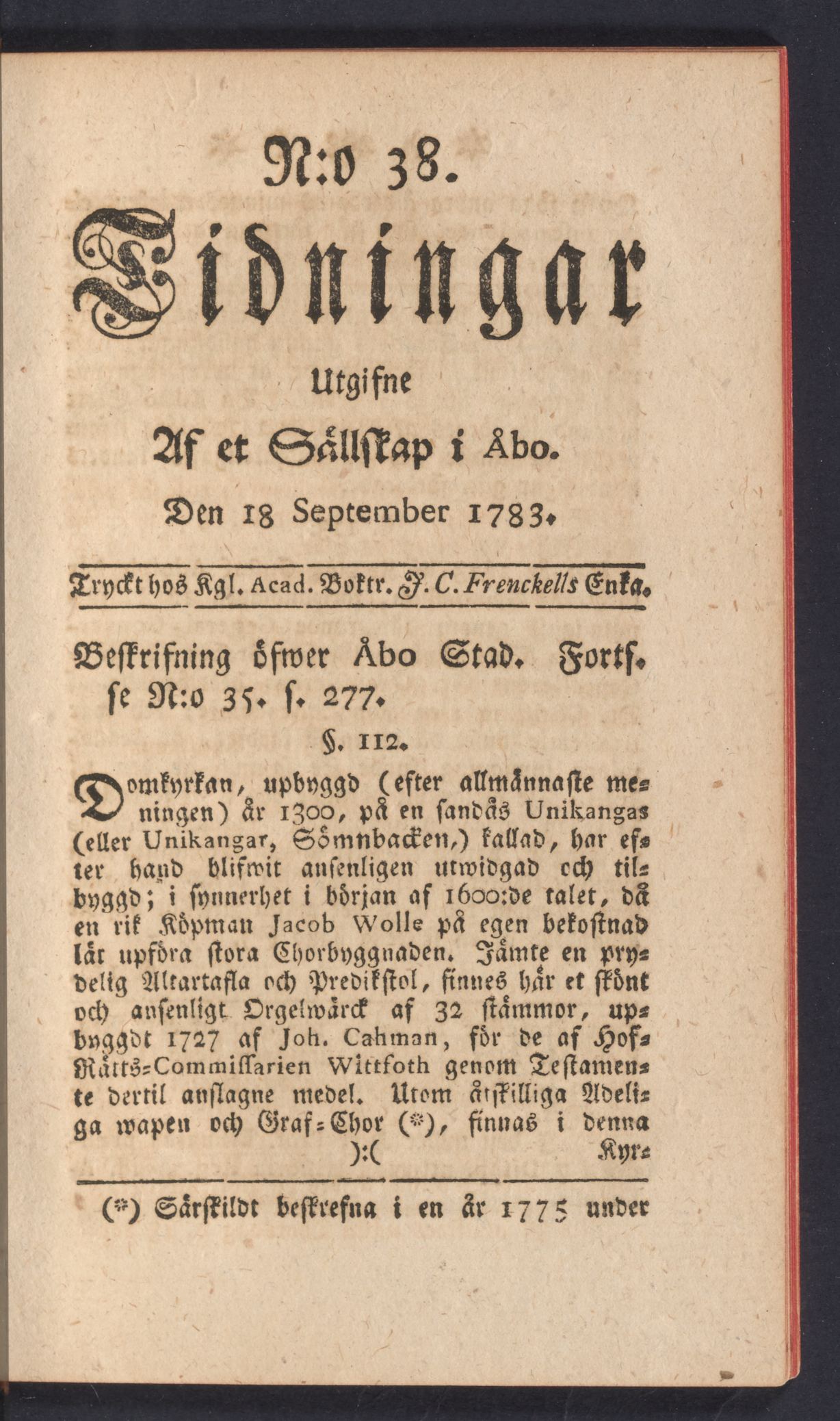 Tidningssida ur TIDNINGAR UTGIFNE AF ET SÄLLSKAP I ÅBO, 1783-09-18