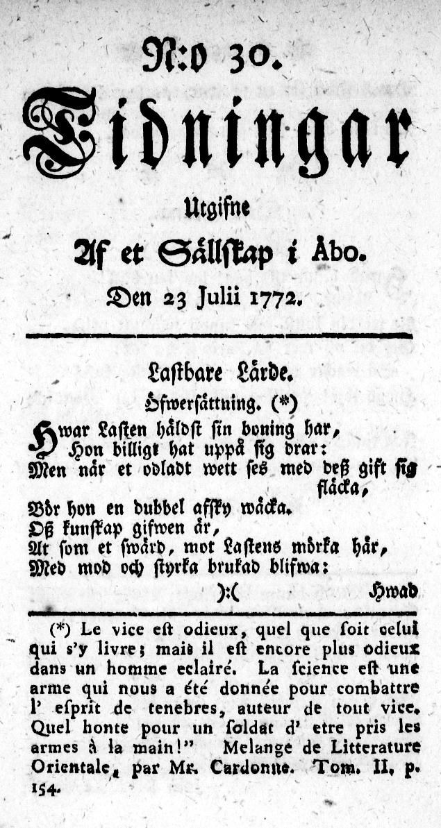 Tidningssida ur TIDNINGAR UTGIFNE AF ET SÄLLSKAP I ÅBO, 1772-07-23