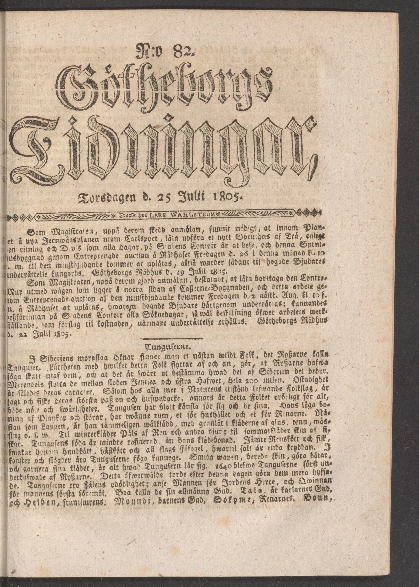 Tidningssida ur GÖTHEBORGS TIDNINGAR, 1805-07-25