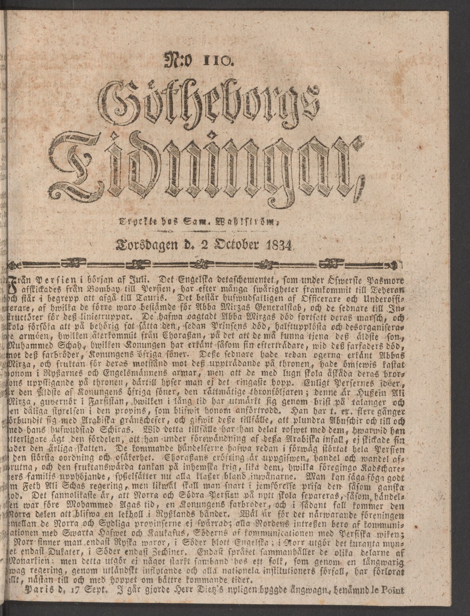 Tidningssida ur GÖTHEBORGS TIDNINGAR, 1834-10-02