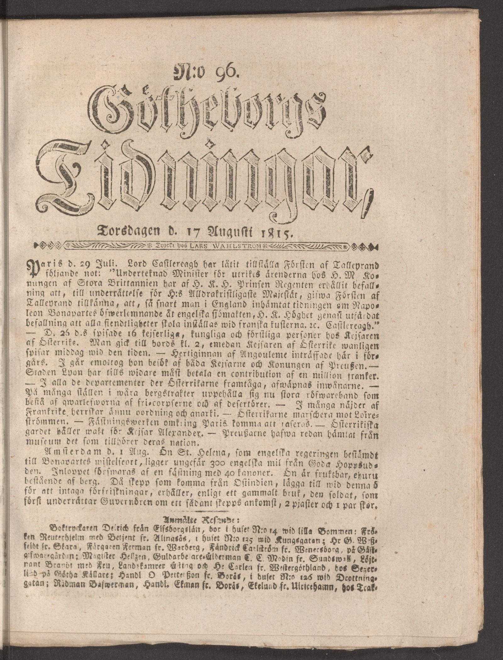 Tidningssida ur GÖTHEBORGS TIDNINGAR, 1815-08-17