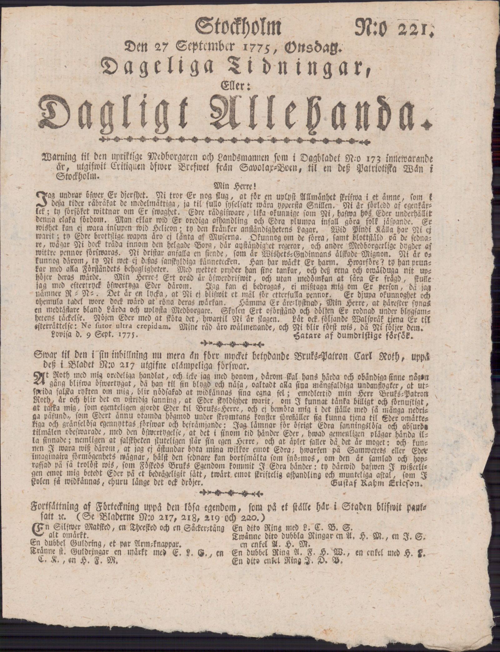 Tidningssida ur DAGLIGT ALLEHANDA, 1775-09-27