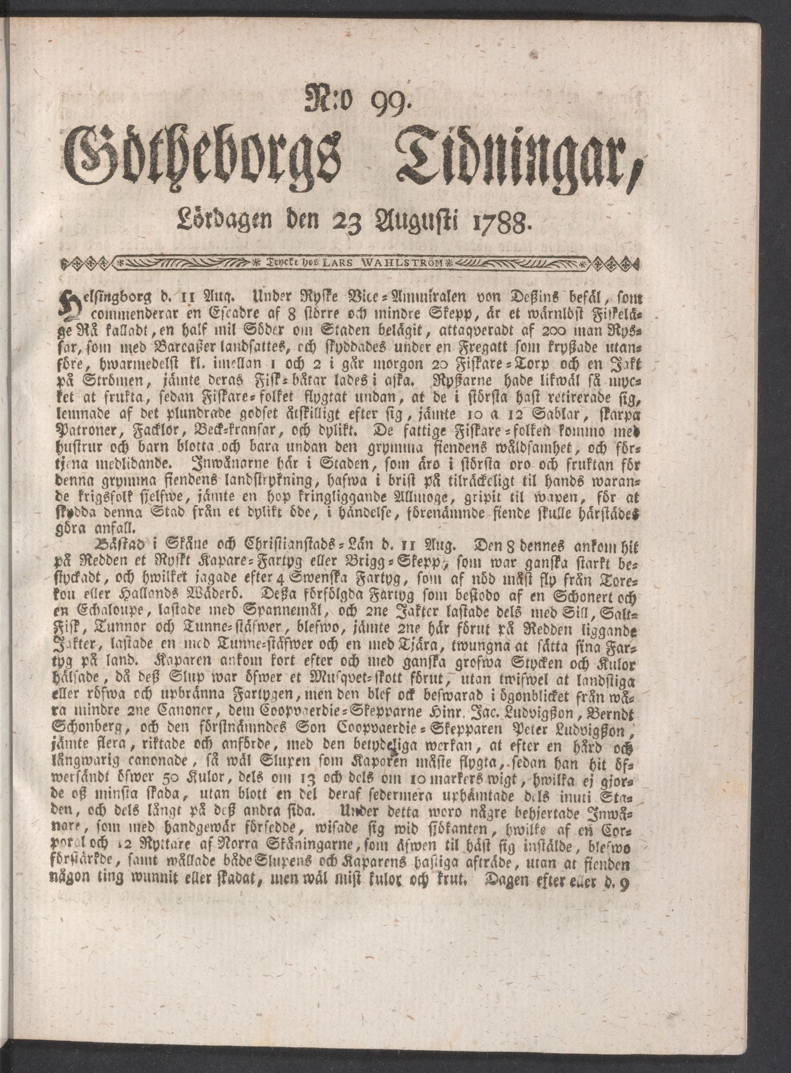 Tidningssida ur GÖTHEBORGS TIDNINGAR, 1788-08-23