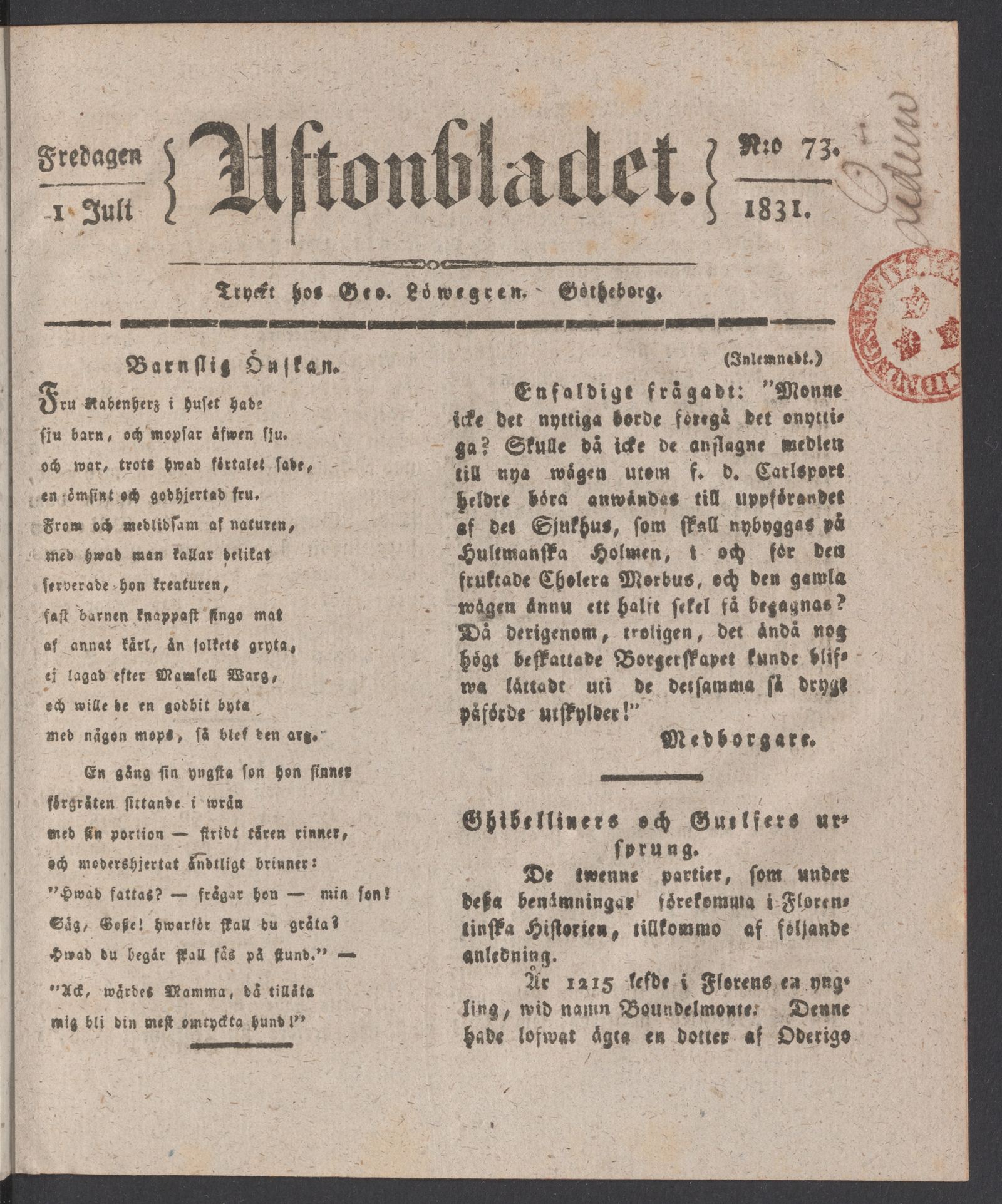 Tidningssida ur AFTONBLADET, 1831-07-01