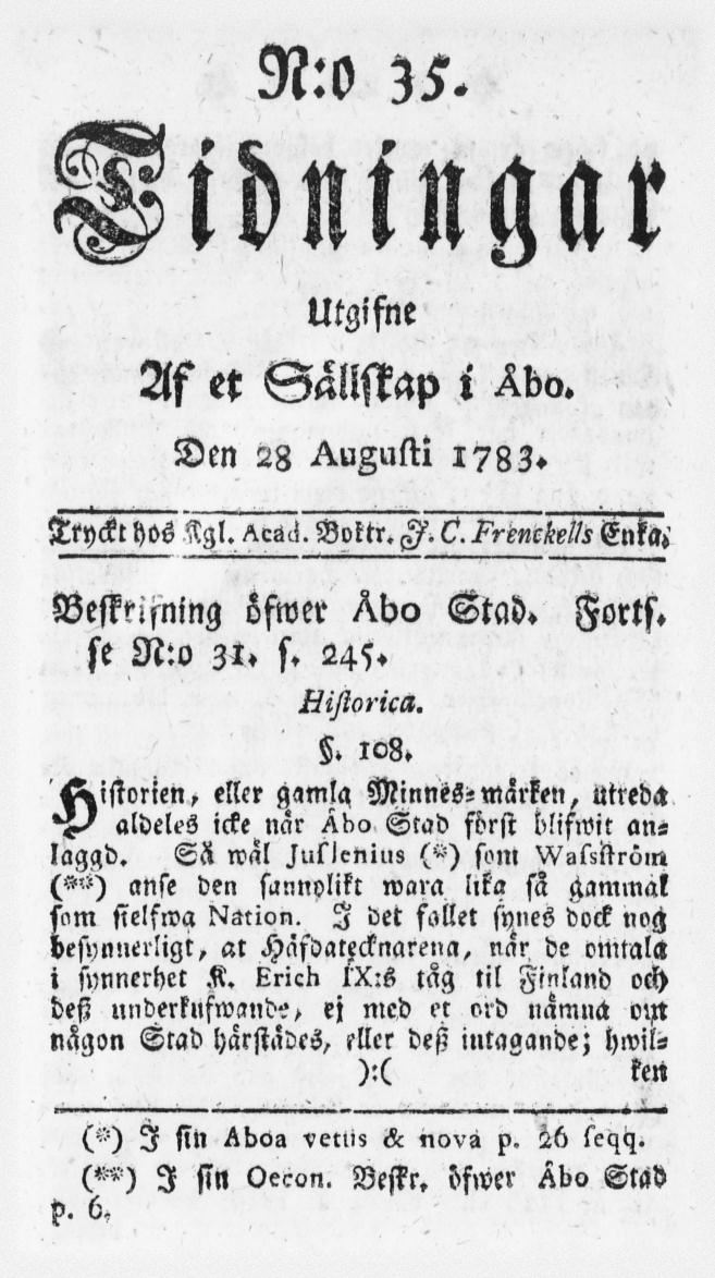 Tidningssida ur TIDNINGAR UTGIFNE AF ET SÄLLSKAP I ÅBO, 1783-08-28