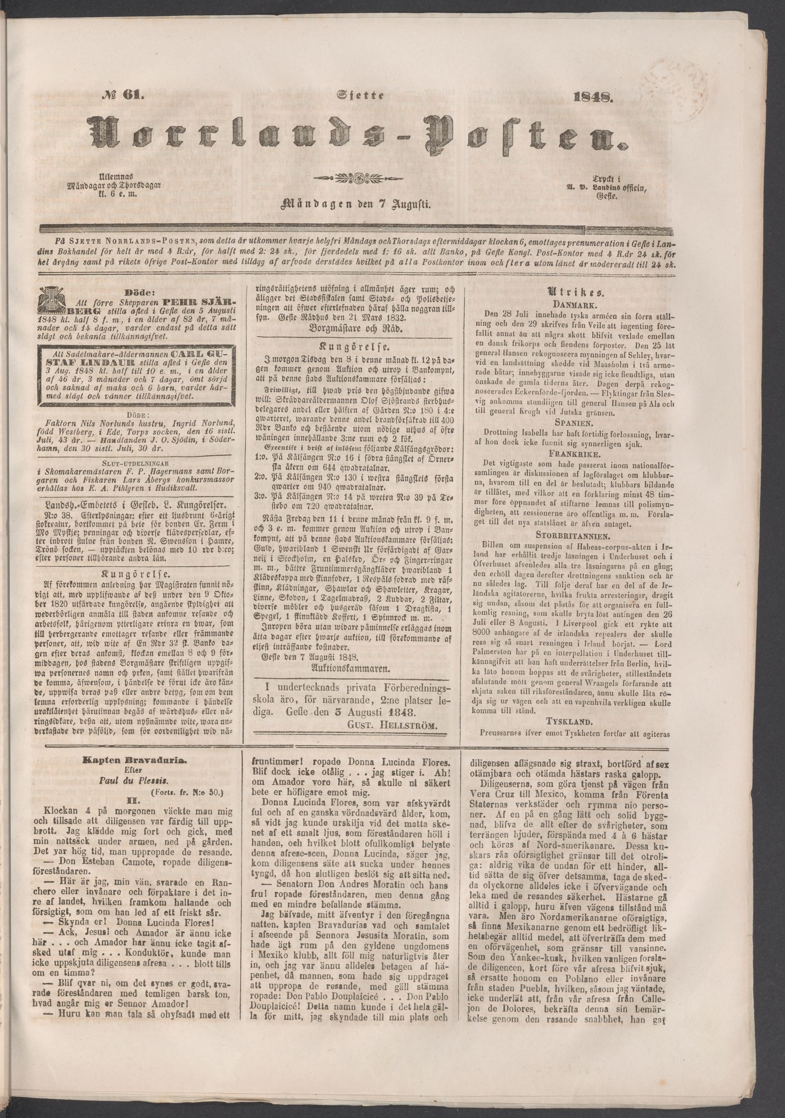 Tidningssida ur NORRLANDSPOSTEN, 1848-08-07