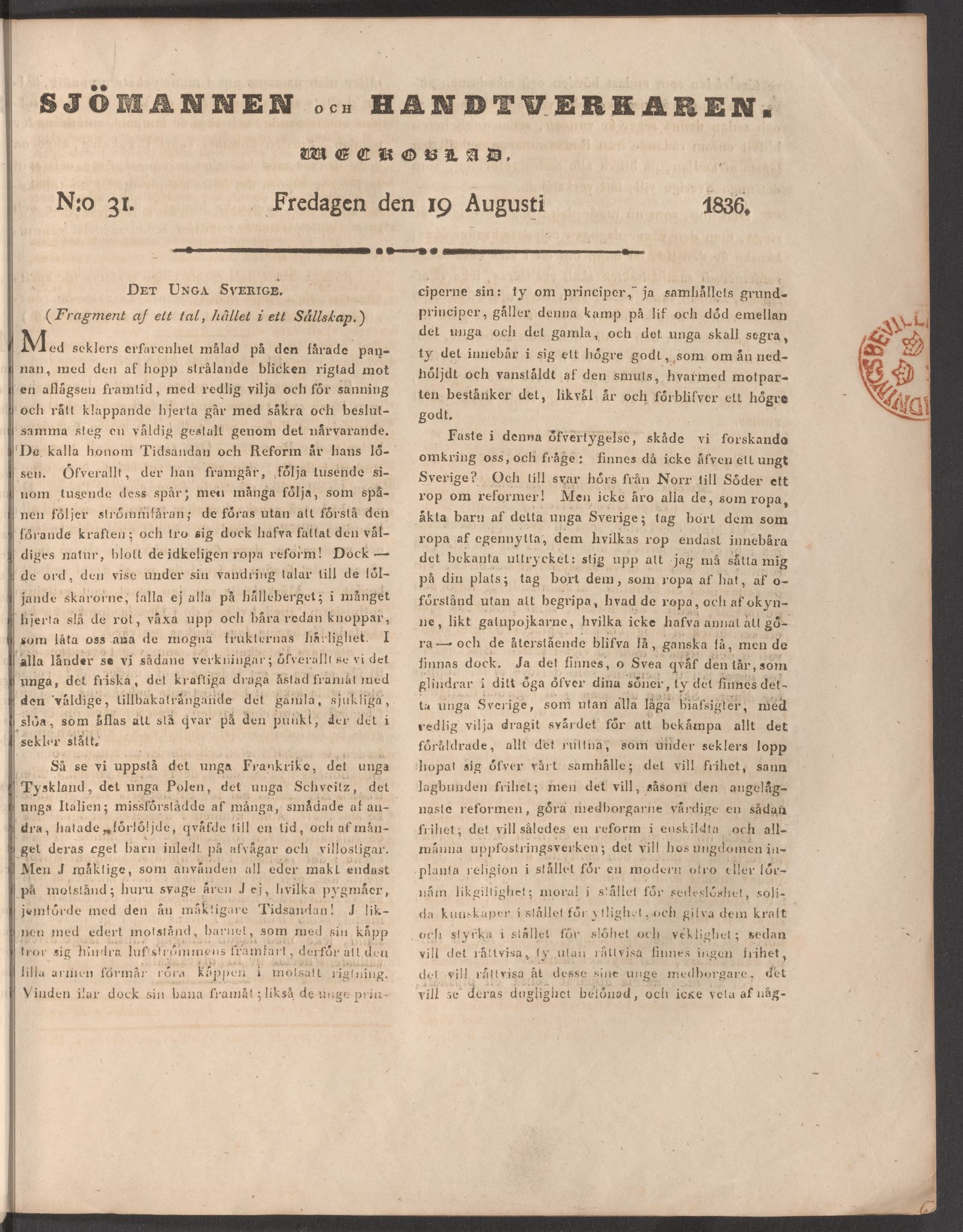 Tidningssida ur SJÖMANNEN OCH HANDTVERKAREN, 1836-08-19
