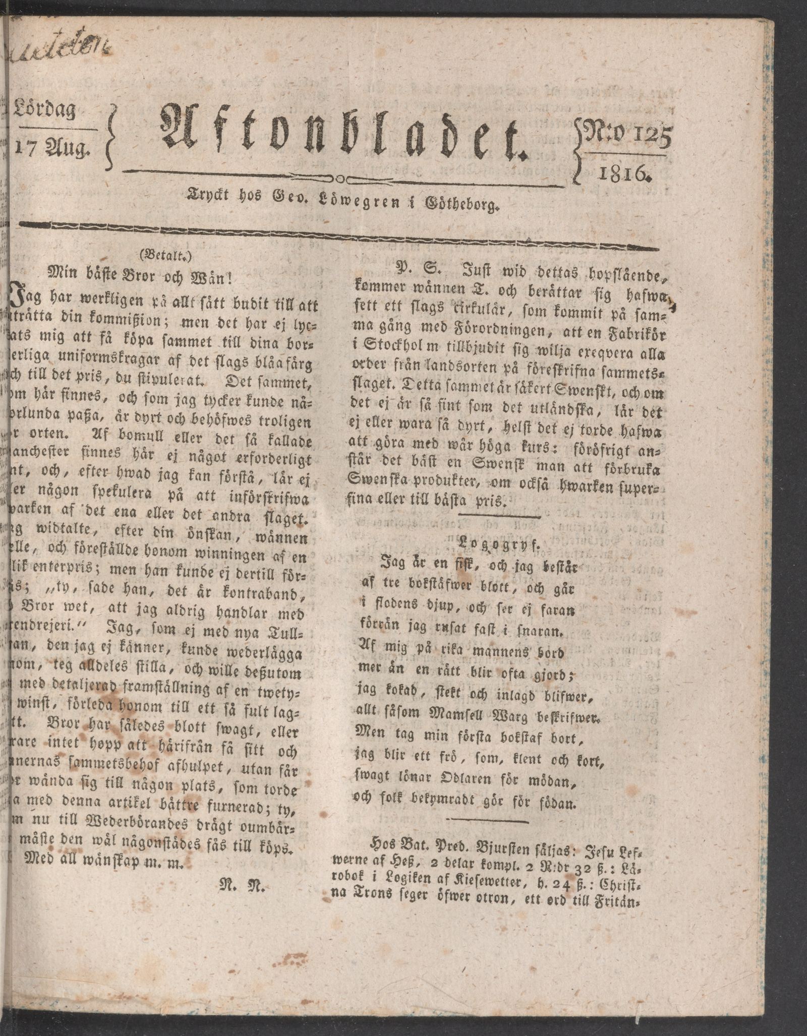 Tidningssida ur AFTONBLADET, 1816-08-17