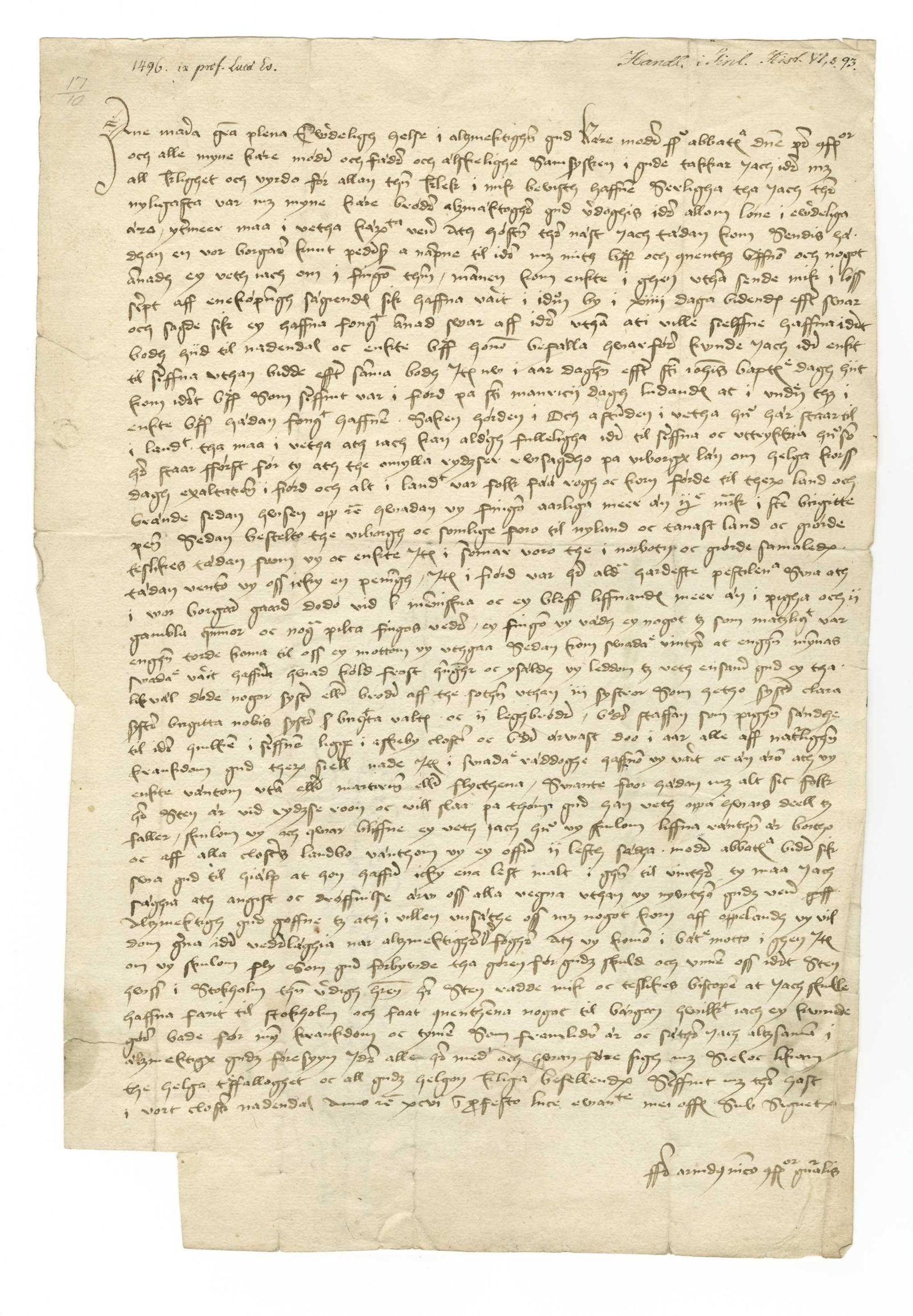 Tidningssida ur Svenskt Diplomatarium, 1496-10-17