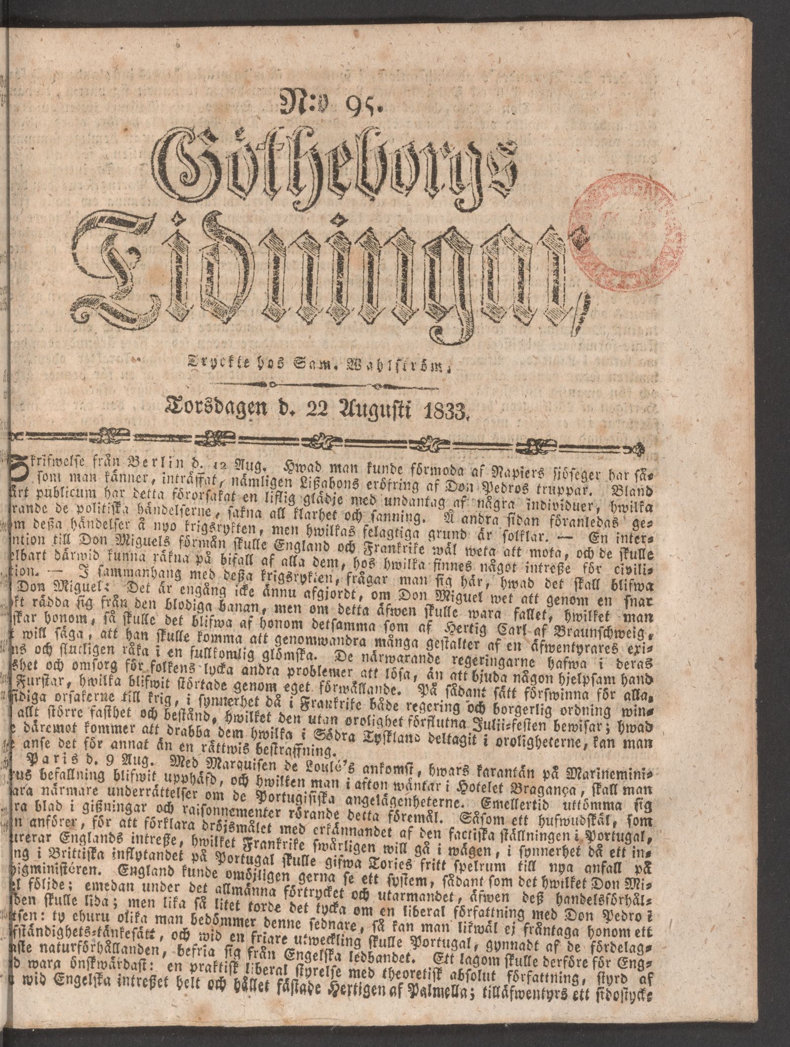 Tidningssida ur GÖTHEBORGS TIDNINGAR, 1833-08-22