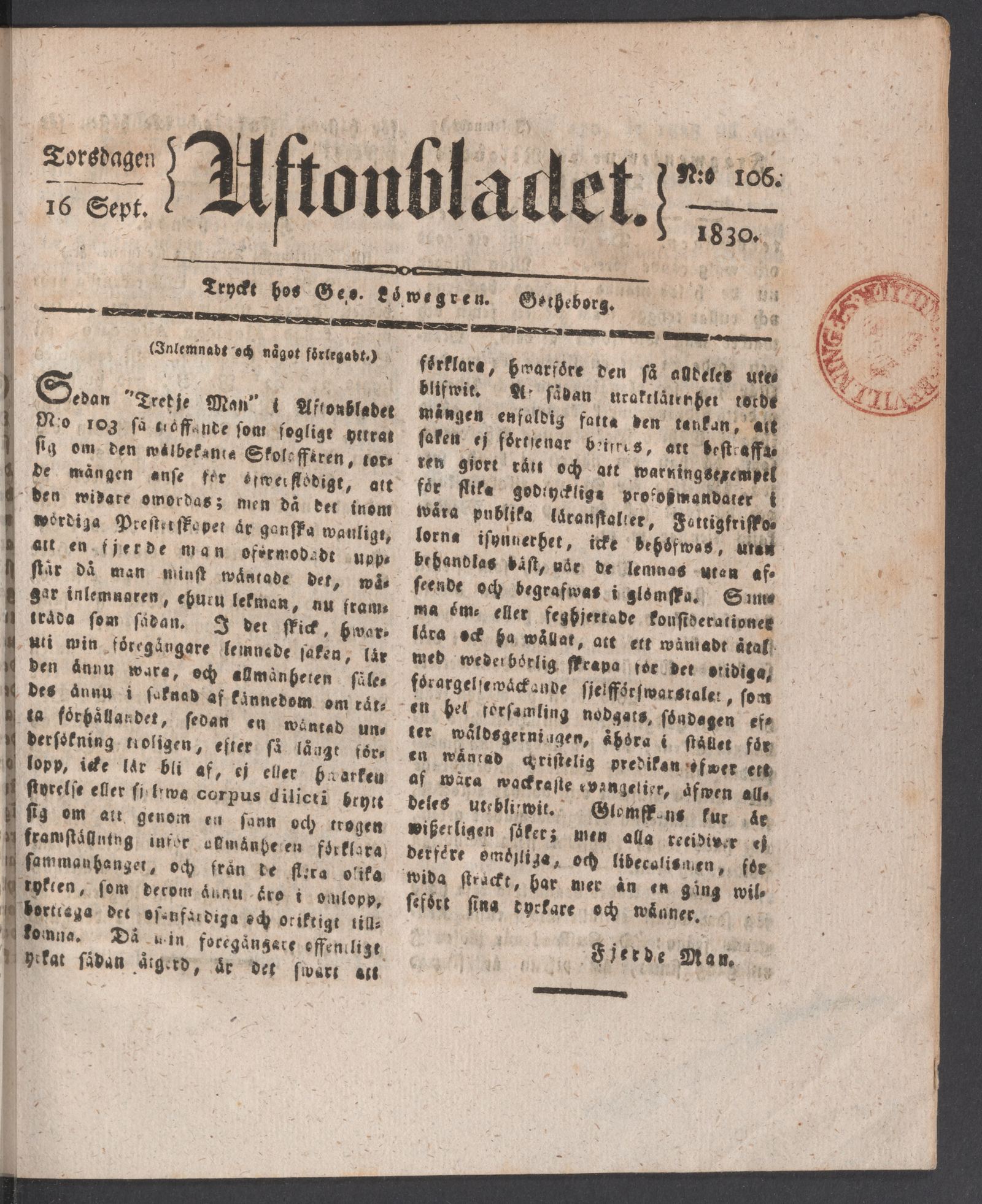 Tidningssida ur AFTONBLADET, 1830-09-16
