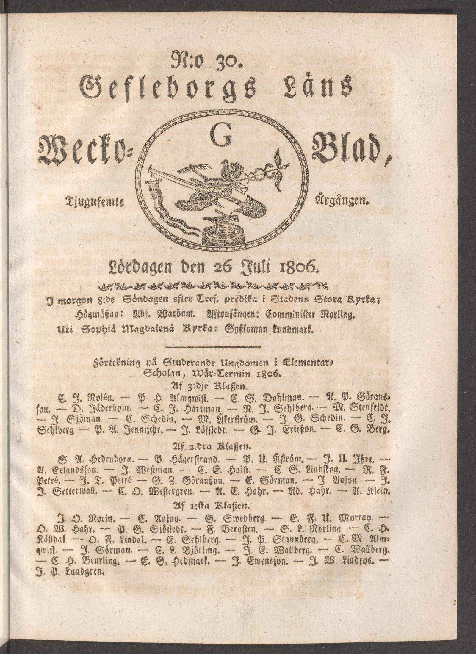 Tidningssida ur WECKOBLAD FÖR GEFLEBORGS LÄN, 1806-07-26