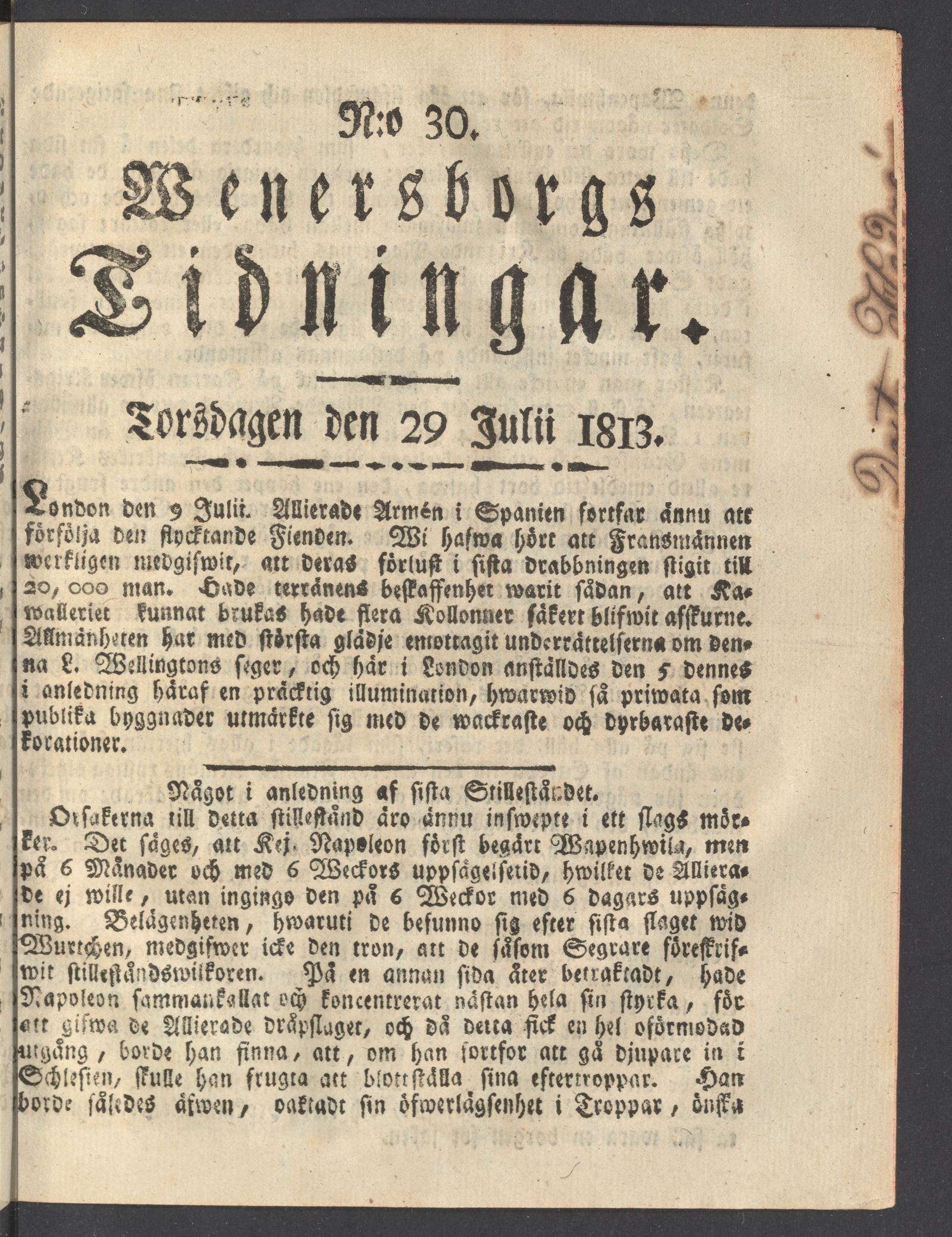 Tidningssida ur WENERSBORGS TIDNINGAR, 1813-07-29