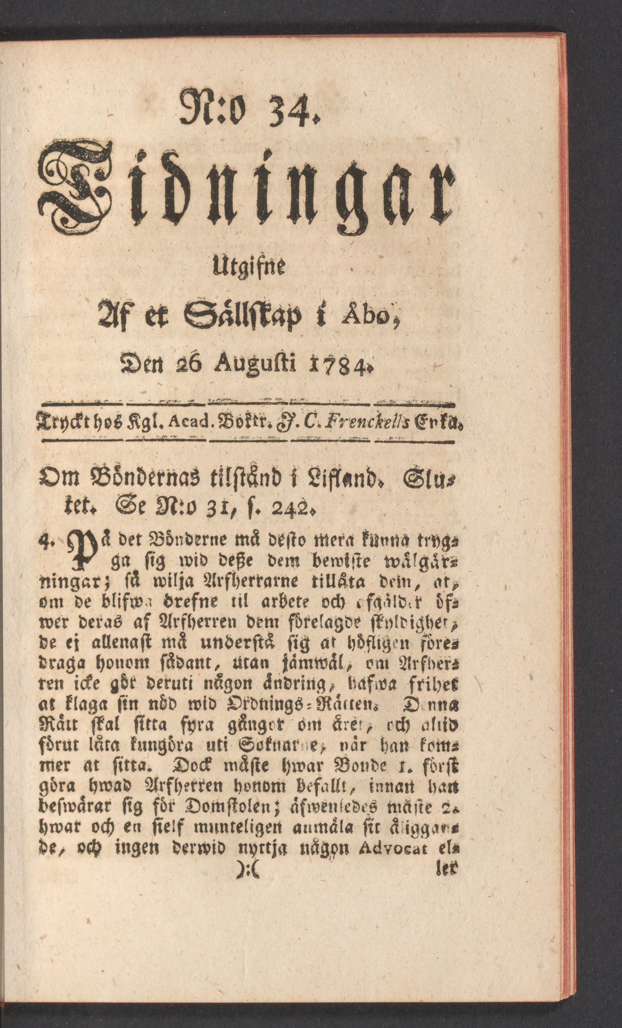 Tidningssida ur TIDNINGAR UTGIFNE AF ET SÄLLSKAP I ÅBO, 1784-08-26