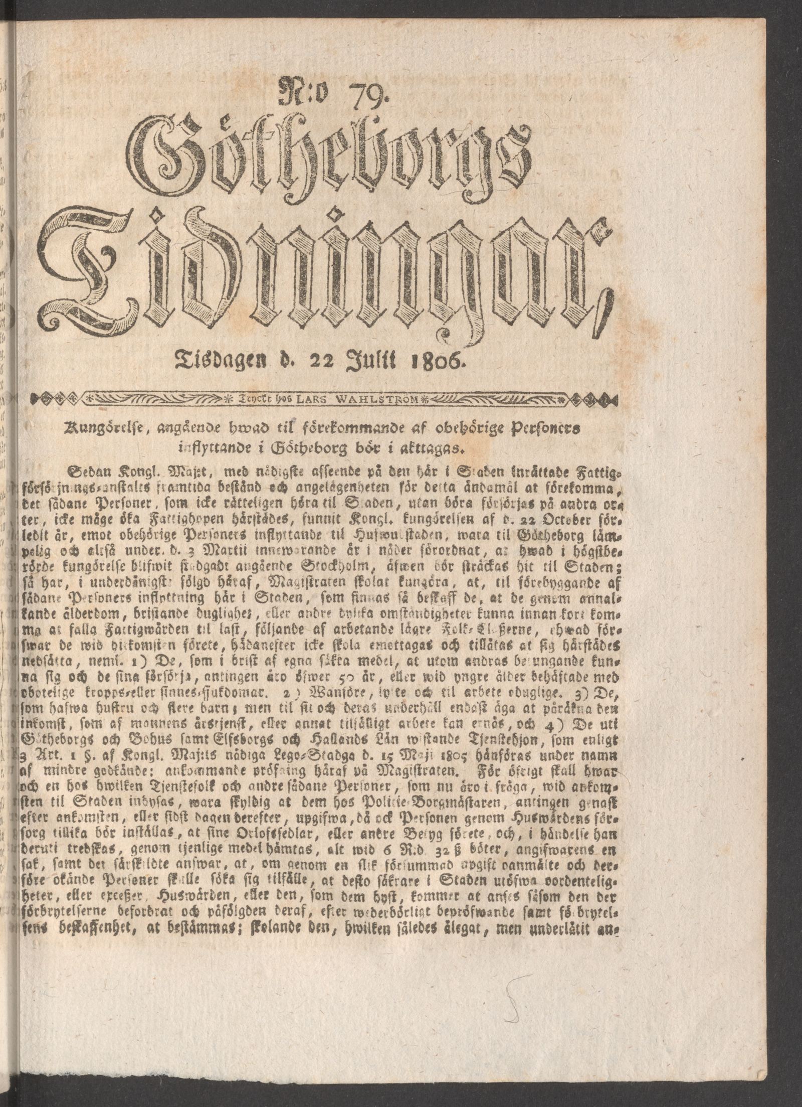 Tidningssida ur GÖTHEBORGS TIDNINGAR, 1806-07-22