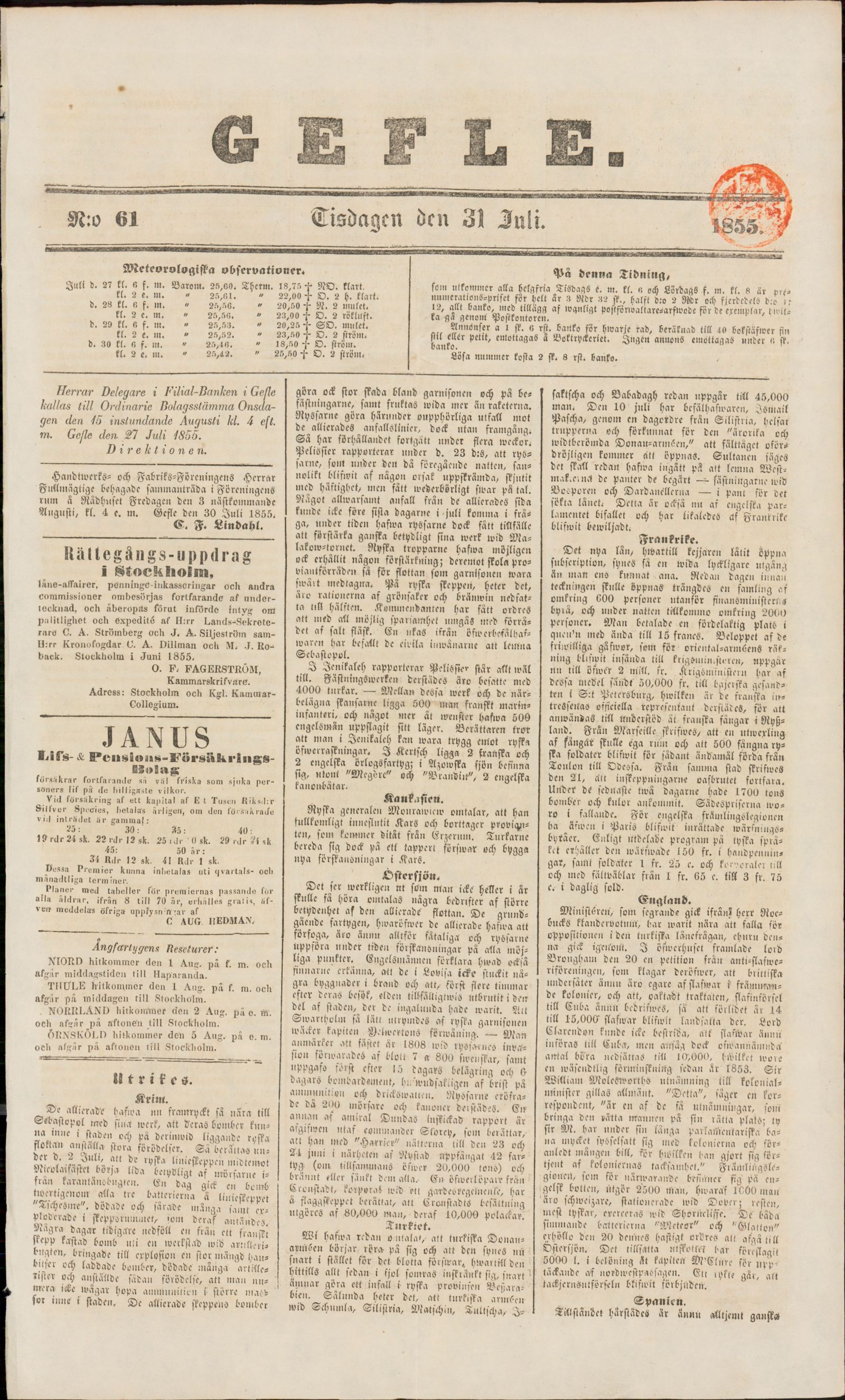Tidningssida ur GEFLEBORGS LÄNS TIDNING, 1855-07-31