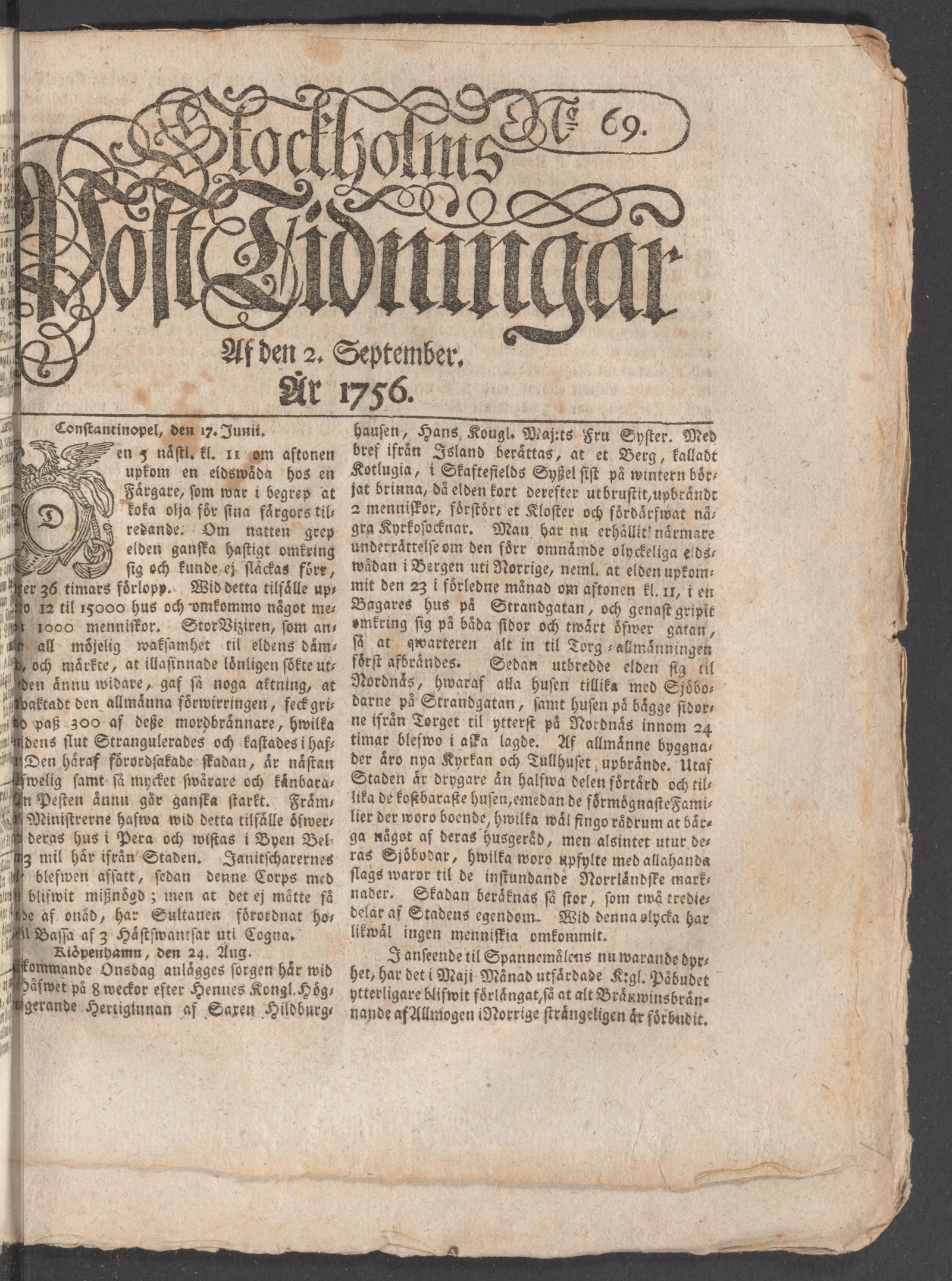 Tidningssida ur POSTTIDNINGAR, 1756-09-02