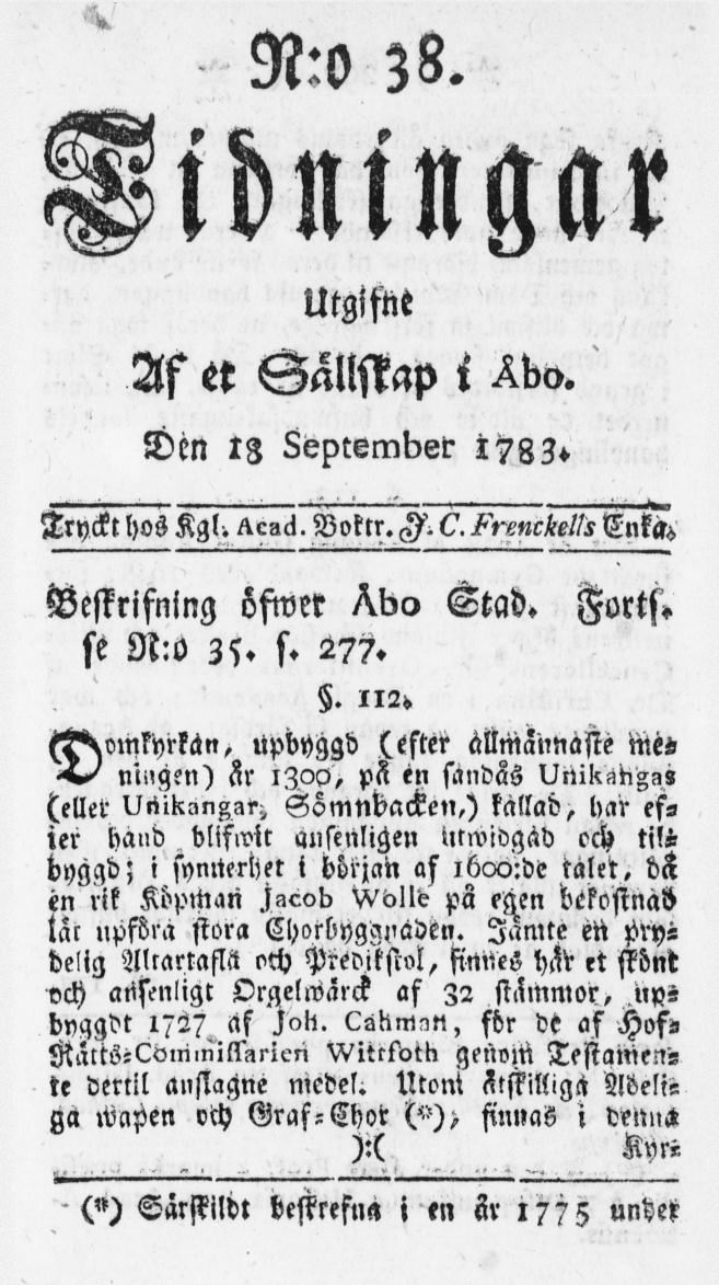 Tidningssida ur TIDNINGAR UTGIFNE AF ET SÄLLSKAP I ÅBO, 1783-09-18