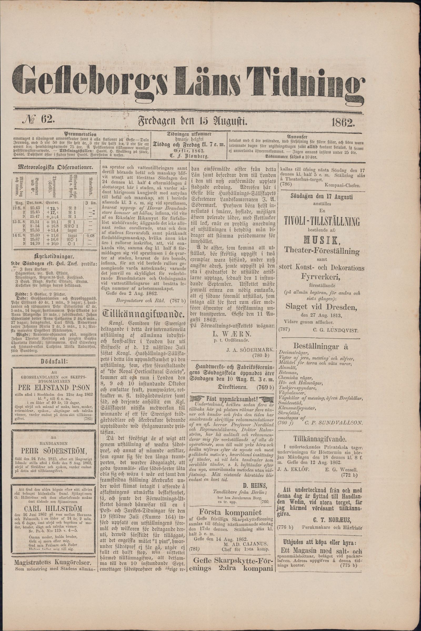 Tidningssida ur GEFLEBORGS LÄNS TIDNING, 1862-08-15