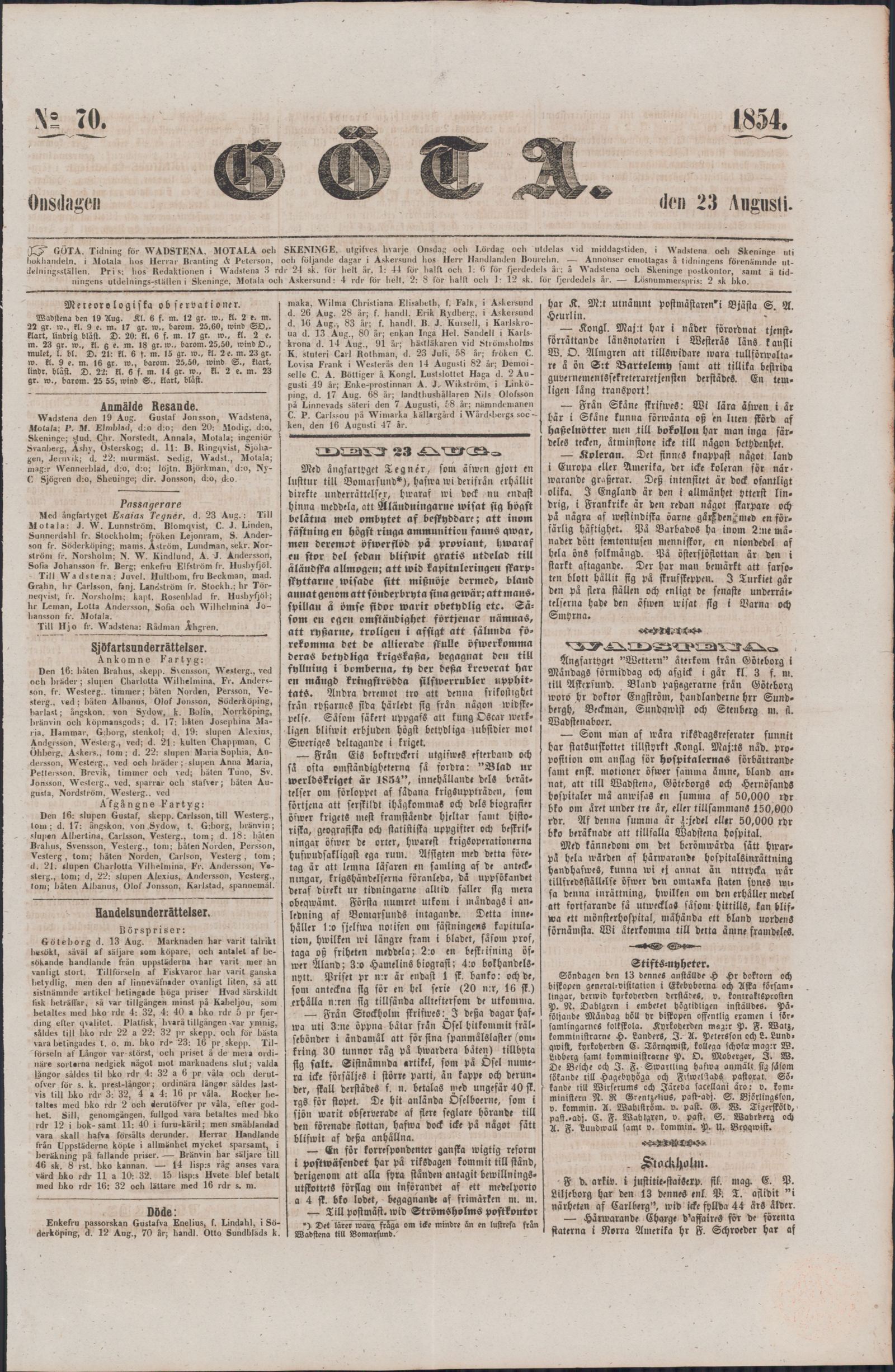 Tidningssida ur GÖTA, 1854-08-23
