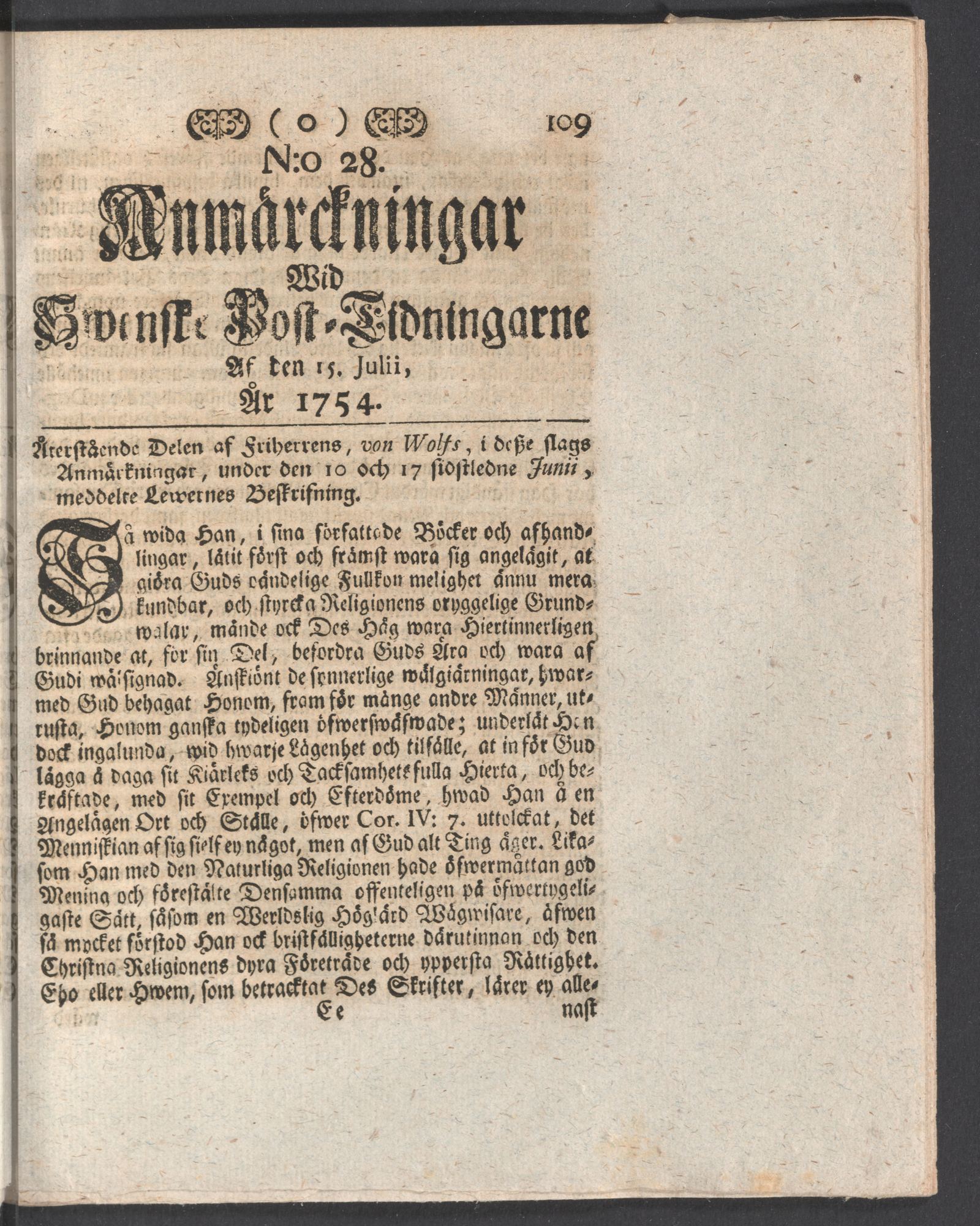 Tidningssida ur ANMÄRCKNINGAR WID SWENSKE POSTTIDNINGARNE, 1754-07-15