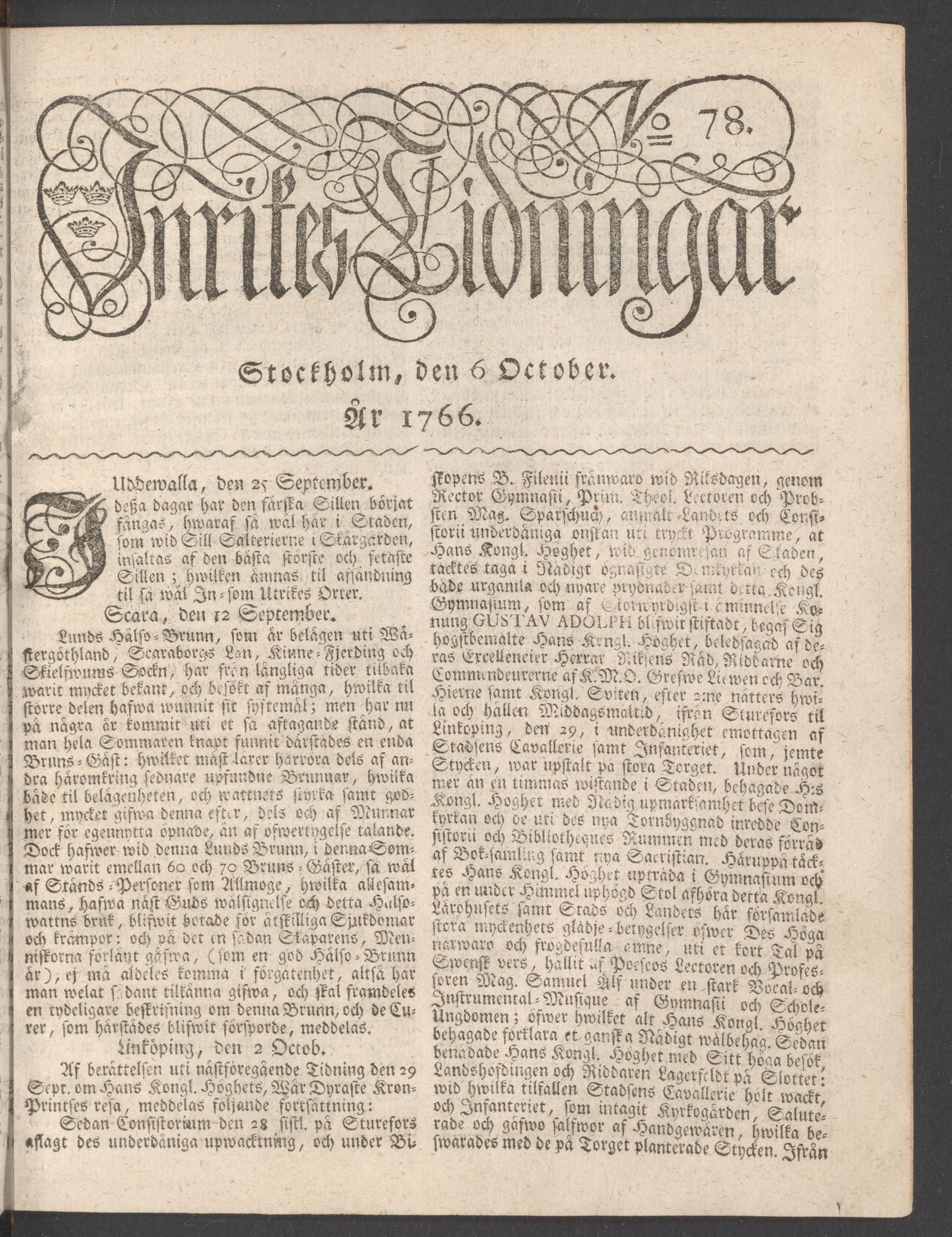 Tidningssida ur INRIKES TIDNINGAR, 1766-10-06